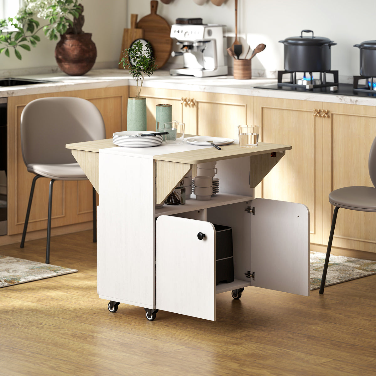 HOMCOM Klapptisch Rollschrank, zwei klappbare Tischseiten, Schrankfach, 4 Rollen, Weiß+Naturholz, 70 x – Produktabbildung 2
