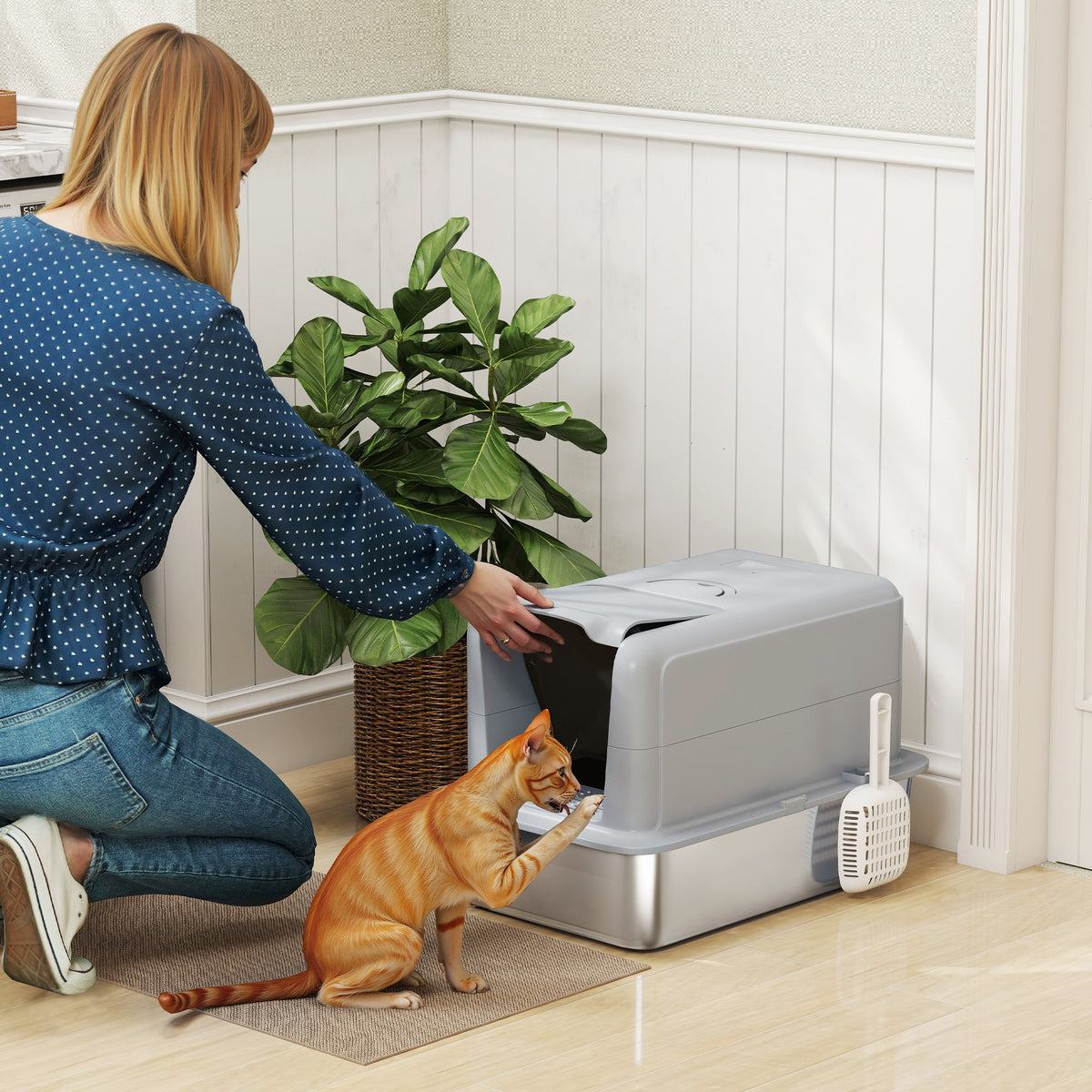 PawHut Katzentoilette, Wanne aus Edelstahl, Filter, Schaufel, für Katzen bis 6 kg, 40,5 x 60,5 x 41,5 cm – Produktabbildung 2