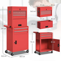 HOMCOM Rollbarer Werkzeugschrank, 6 Schubladen, 2 Schränke, Stahl, verschließbar, Rot – Produktabbildung 3