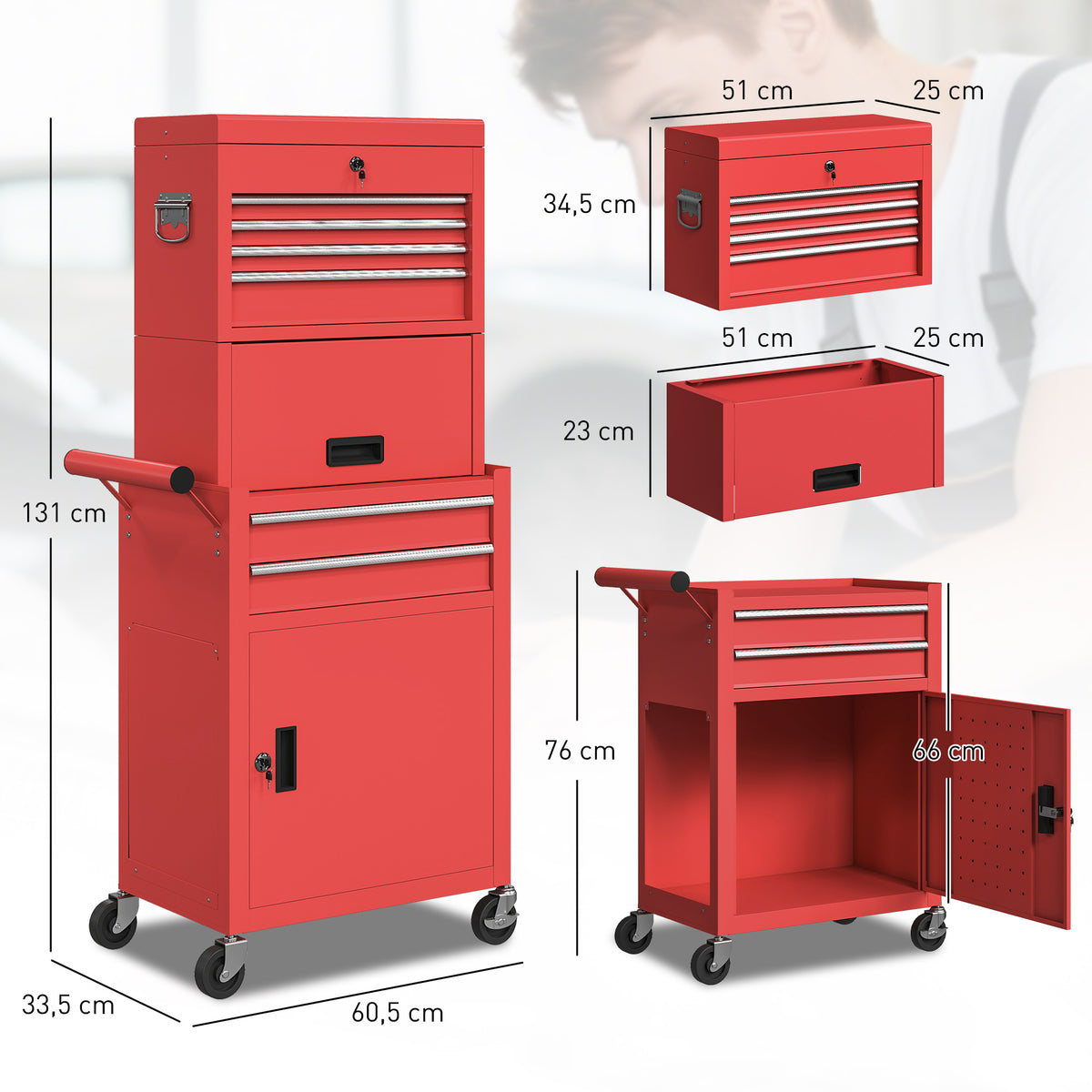 HOMCOM Rollbarer Werkzeugschrank, 6 Schubladen, 2 Schränke, Stahl, verschließbar, Rot – Produktabbildung 3