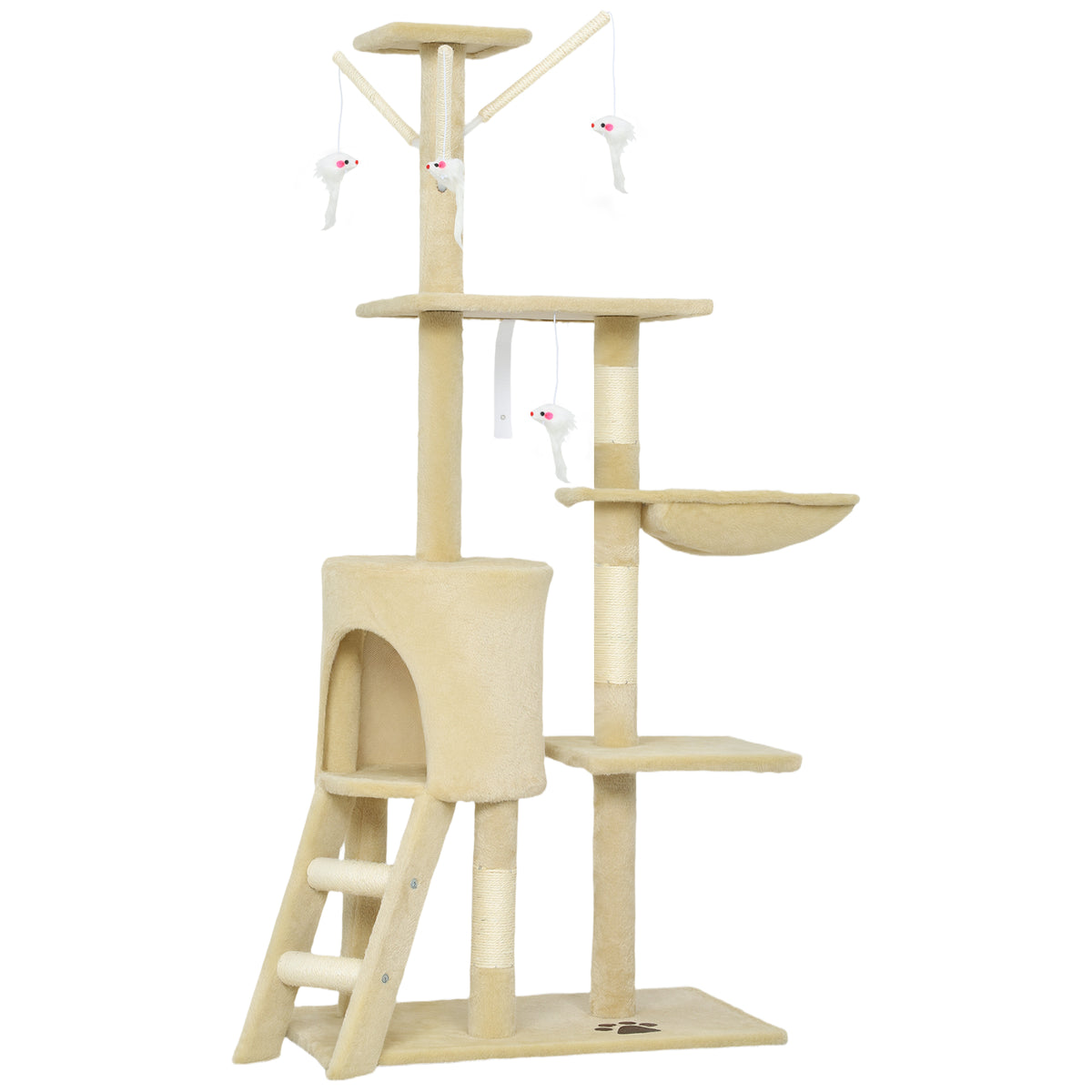 PawHut Kratzbaum Katzenbaum mit Höhle, 4 Spielzeuge, Sisalstämme, große Plattform, Treppe, für Katzen unter 5