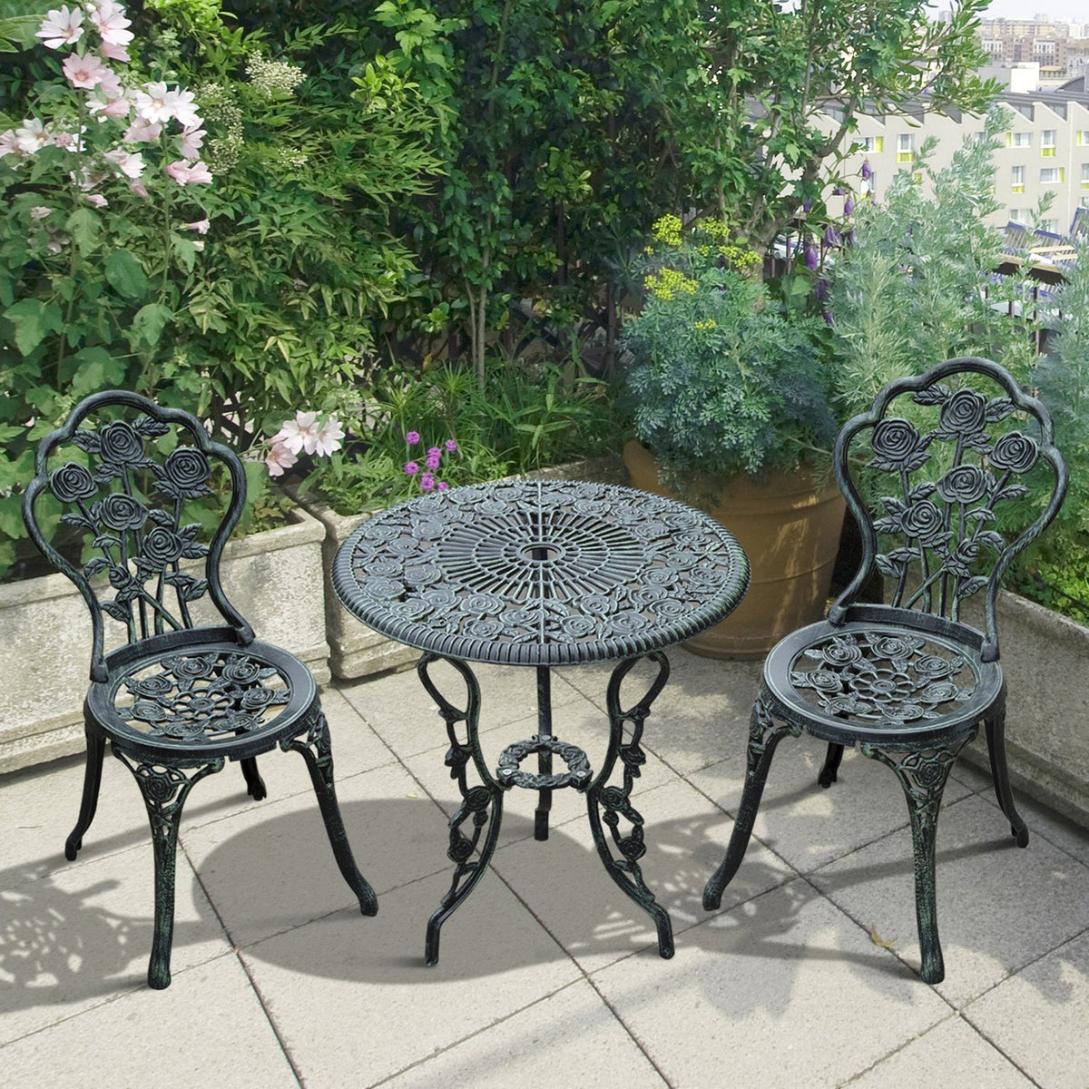 Outsunny Bistroset Gartenset für 2 Personen Balkonmöbel Set Gussaluminium Antik Grün – Produktabbildung 2