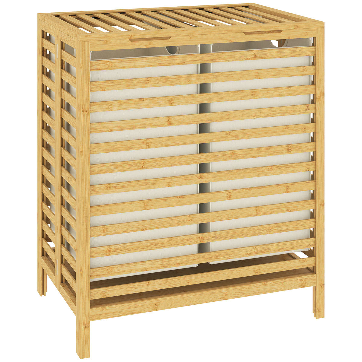 HOMCOM Bambus-Wäschekorb mit Deckel, 2 Körbe, faltbar, 64L, Natur und Cremeweiß