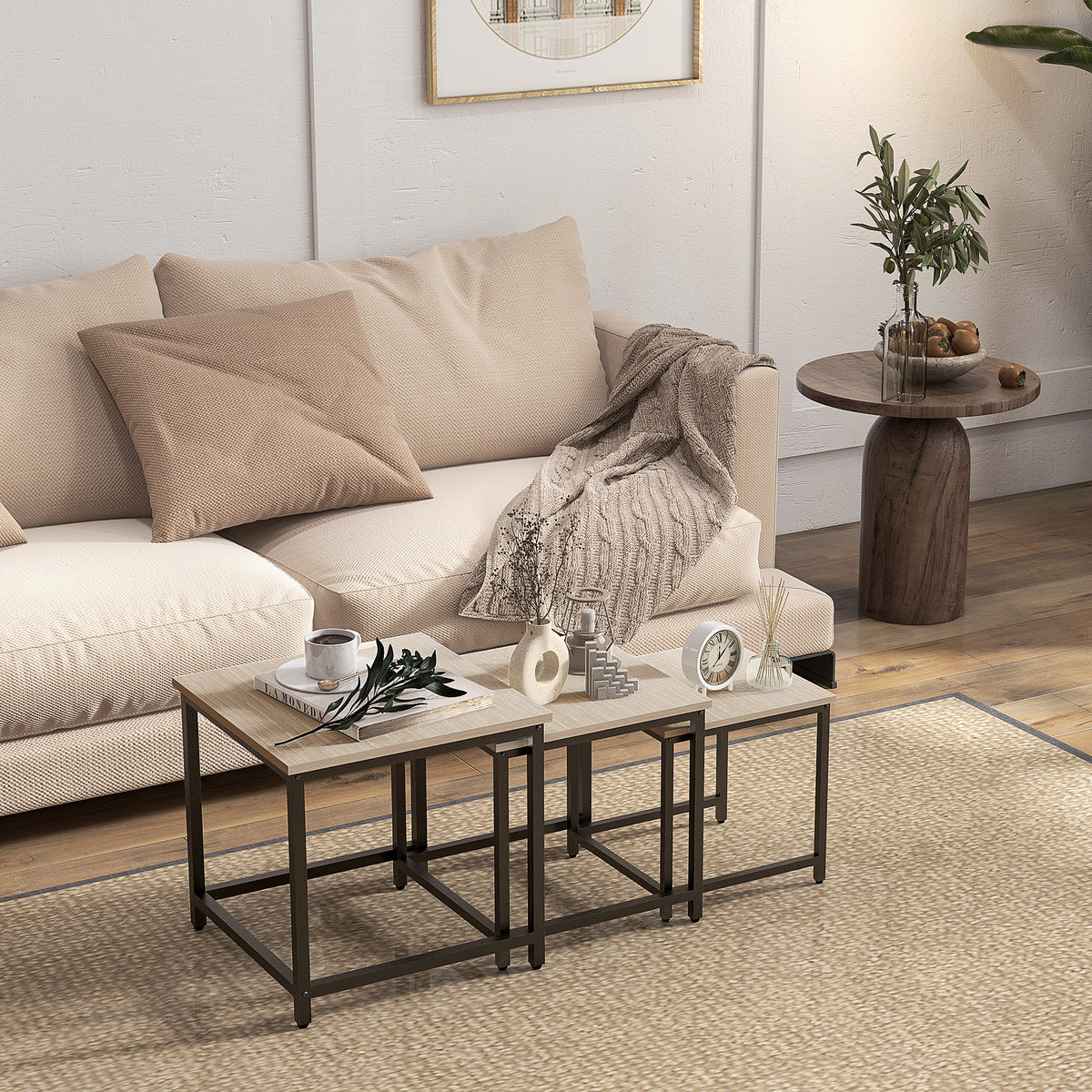 HOMCOM Satztisch-Set aus 3 Beistelltischen, Industrial Design, schwarzer Stahlrahmen, Tischplatte in – Produktabbildung 2