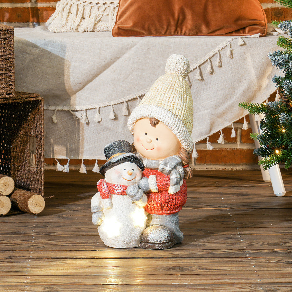 HOMCOM Wichtel mit Schneemann, Gartenzwerg, 4 LEDs, batteriebetrieben, 25 x 18 x 45,5 cm – Produktabbildung 2