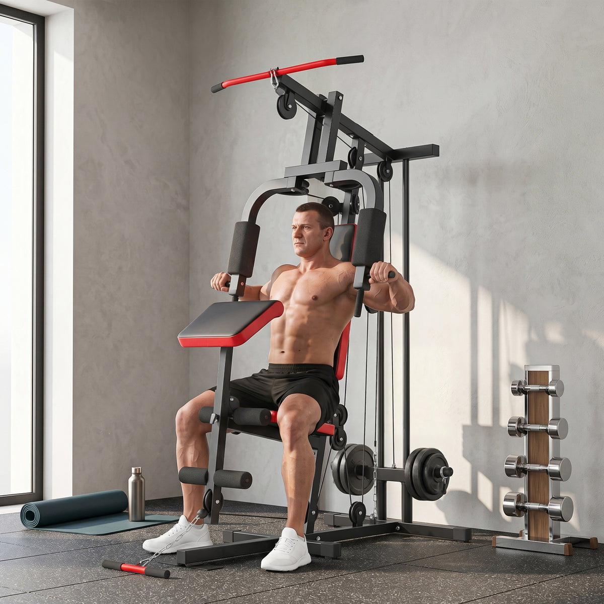 Kraftstation Fitnessstation mit Latzug, Butterflystange, verstellbar Preacher Bank, Beintrainer, bis – Produktabbildung 2