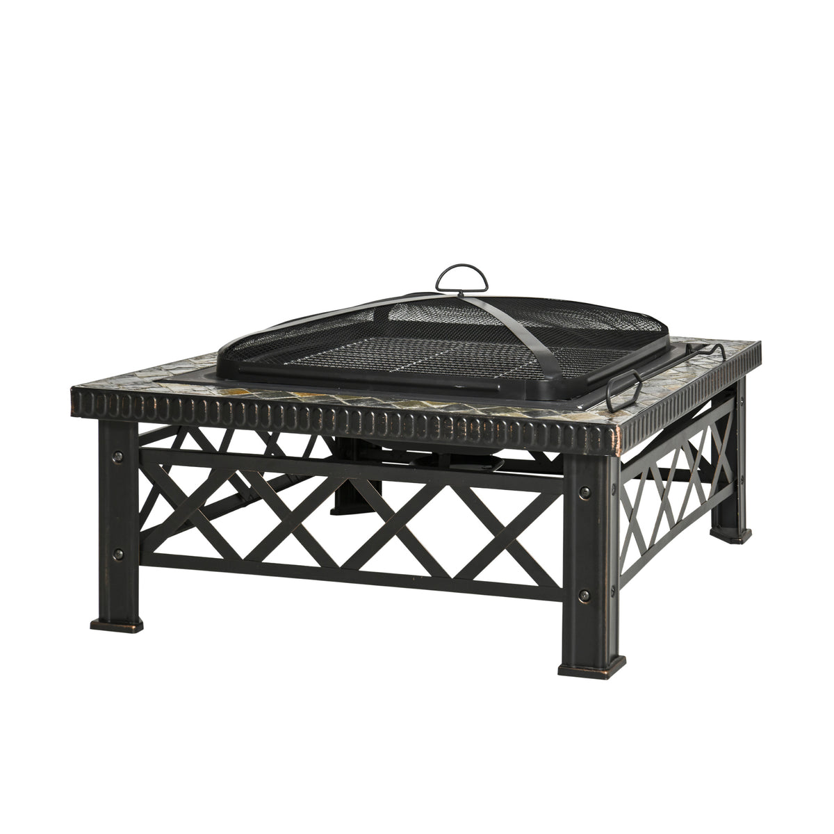 3-in-1 Feuerschale Feuerkorb Feuerstelle mit Funkenschutz Grillrost Eiskübel Garten BBQ Schwarz 76cm x 76cm x