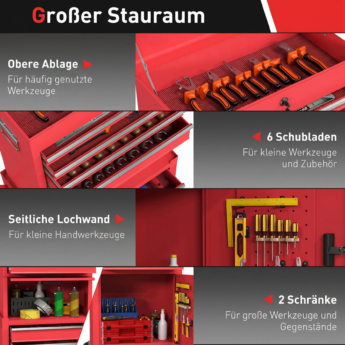 HOMCOM Rollbarer Werkzeugschrank, 6 Schubladen, 2 Schränke, Stahl, verschließbar, Rot – Produktabbildung 4