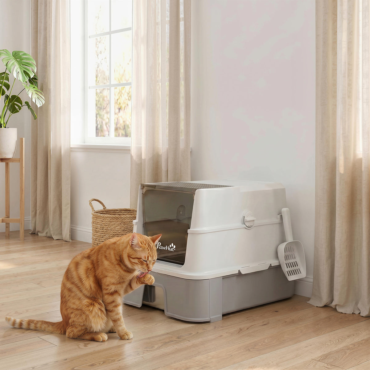 PawHut Katzentoilette aus Edelstahl mit Deckel, XL Katzenstreubox mit Schaufel, herausziehbare Wanne – Produktabbildung 9