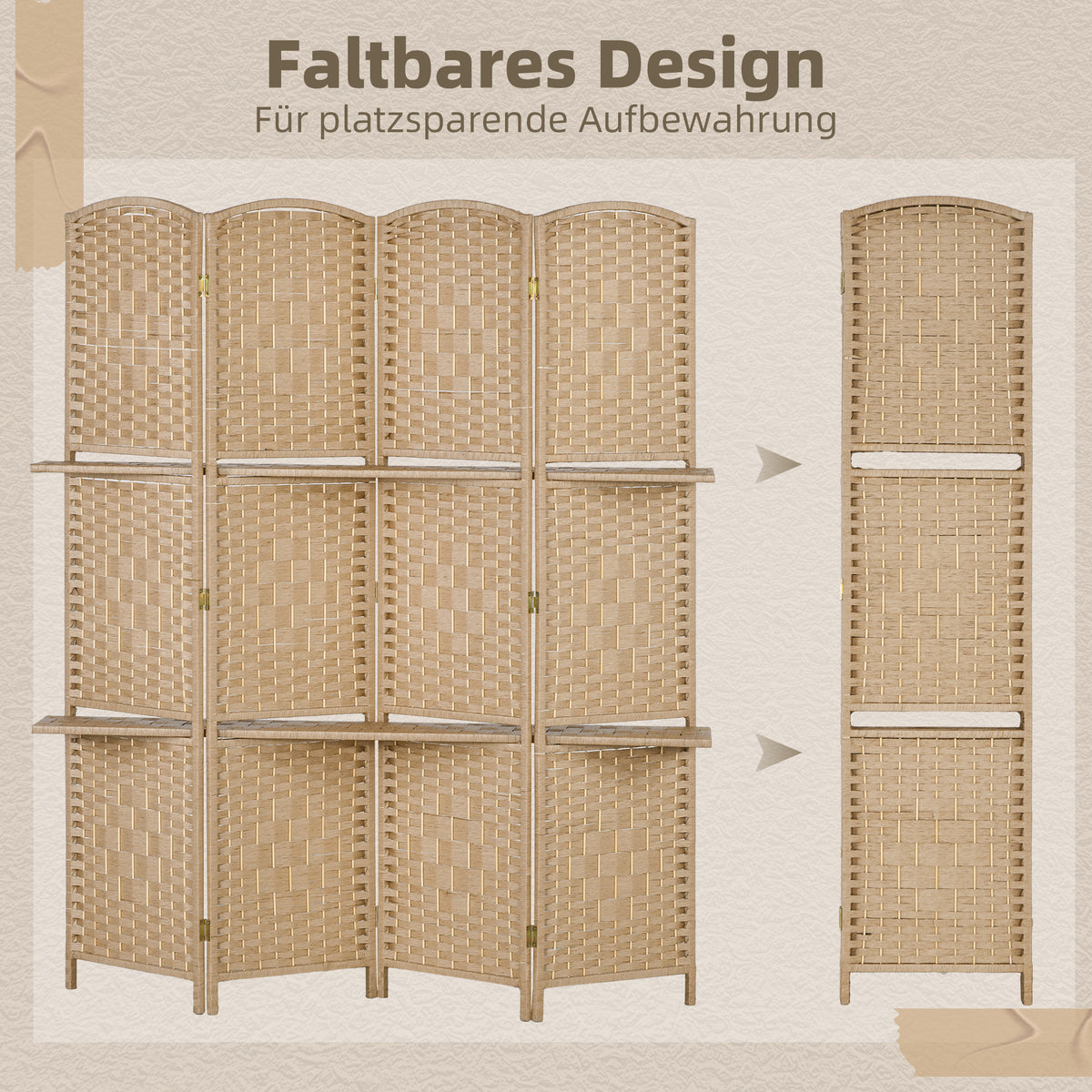 HOMCOM 4-teiliger Paravent, 160 x 170 cm, faltbare Trennwand mit 2 Regalen, Naturholz – Produktabbildung 4