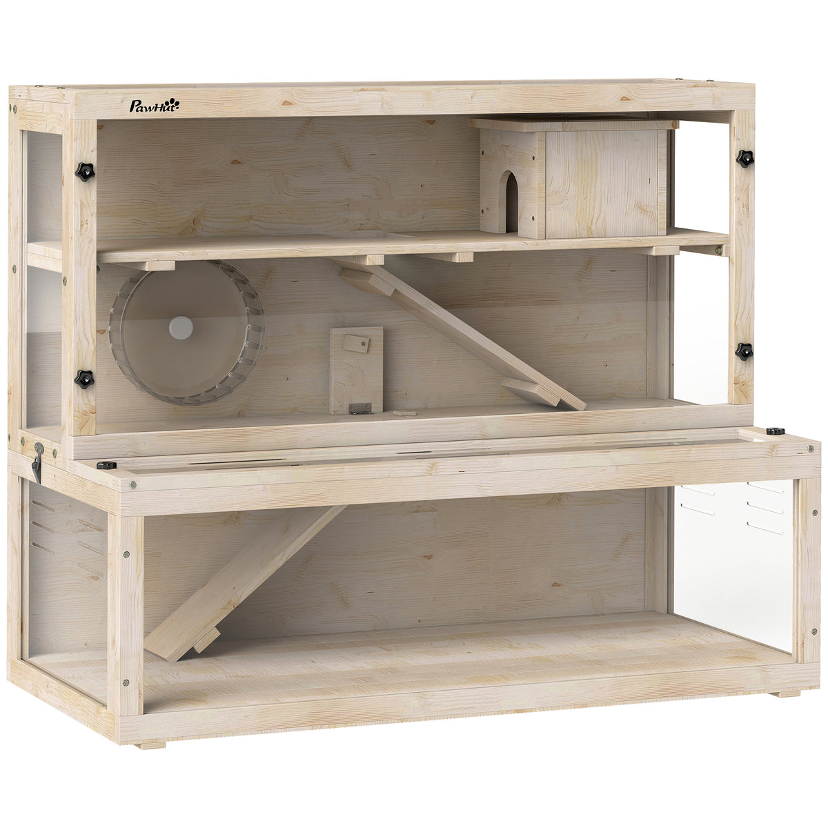 PawHut Hamsterkäfig, 3 Ebenen, Hütte, Zubehör, 100 x 50 x 84 cm, für mehrere Kleintiere, Holz, Kunststoff