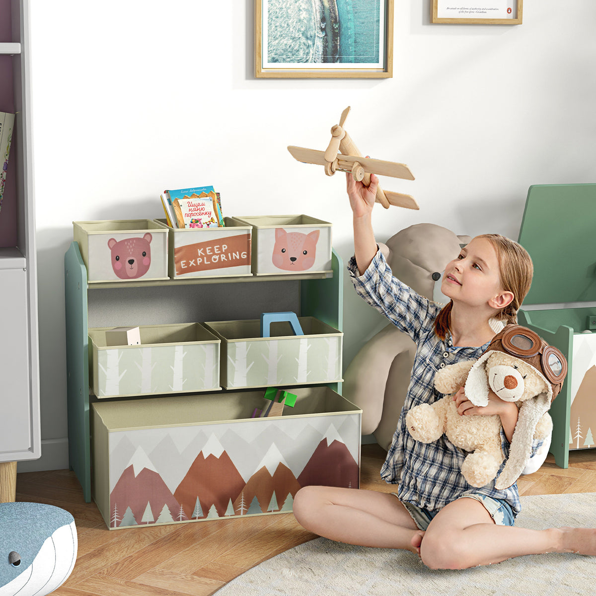 Kinderschrank mit 6 Stoffboxen, niedliches Motiv, 63x30x66 cm, Grün – Produktabbildung 2