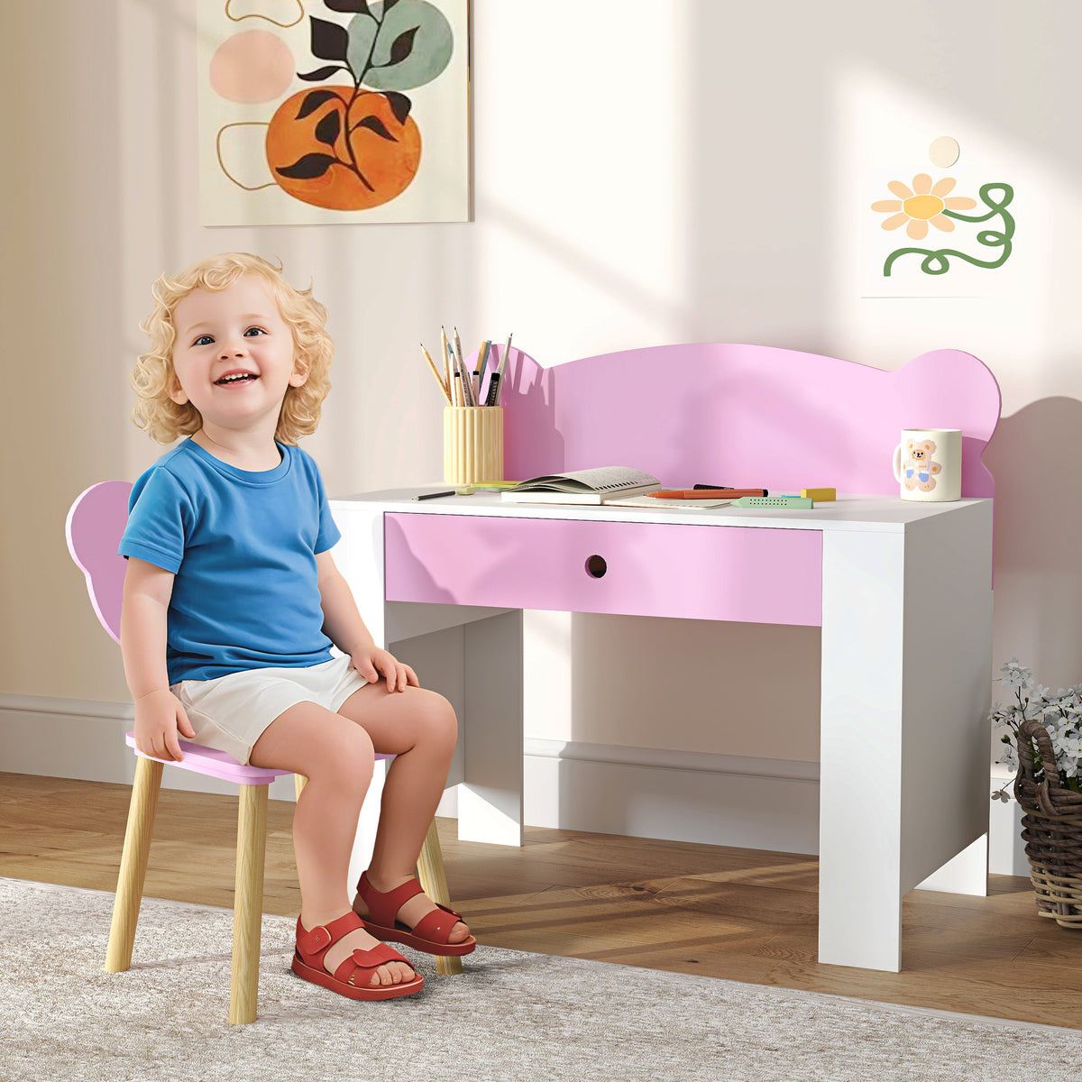 Schreibtisch-Set für Kinder, Arbeitstisch und Stuhl mit Bärenform, Schublade, zum Schreiben und Basteln – Produktabbildung 2