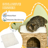 PawHut Katzenhöhle aus Wasserhyazinthen-Gras, 2 Liegefläche, 2 waschbare Kissen, Natur + Weiß – Produktabbildung 6
