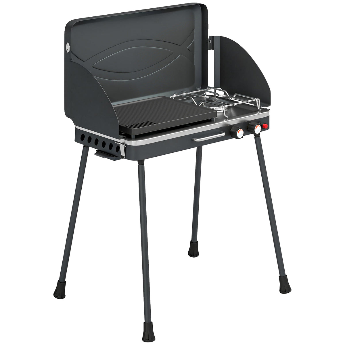 Outsunny Tragbarer Gasgrill 2 Brenner 7 kW 2-in-1 Tischgrill mit Braten klappbar Beinen Grillrost Windschutz