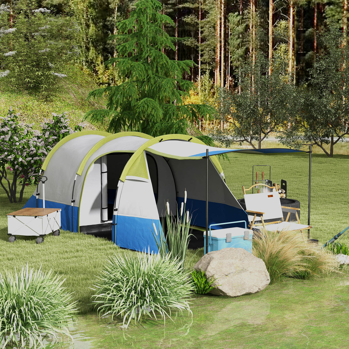 Outsunny Campingzelt, für 2 Personen, Laternenhaken, drei Eingänge, wasserdicht, Grün – Produktabbildung 2