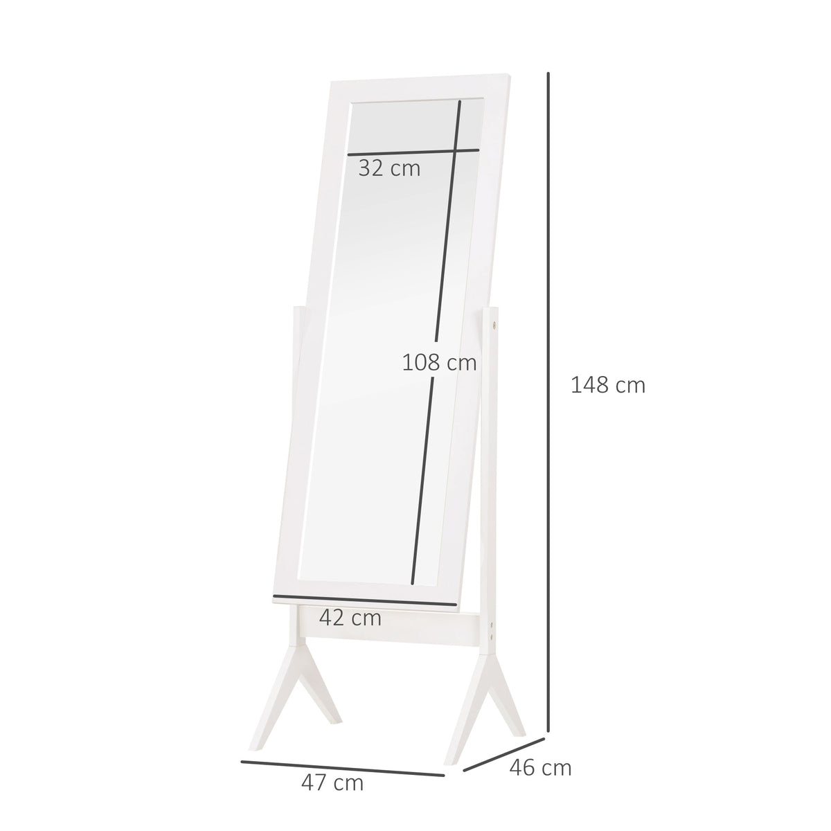 HOMCOM Standspiegel Ganzkörperspiegel Schminkspiegel Erhöhte Füße Pflegeleicht MDF Weiß 47 x 46 x 148 cm – Produktabbildung 3