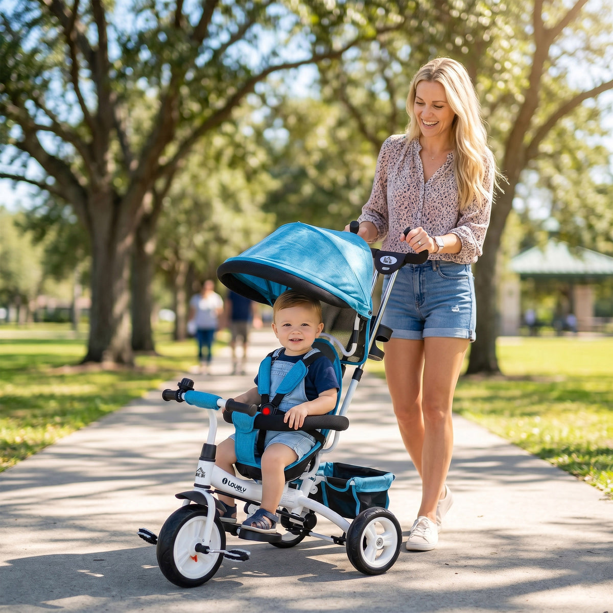 HOMCOM 6-in-1 Kinderdreirad mit Schiebestange, Dach, Gurt, Ablagekorb, für 1-5 Jahre, Blau – Produktabbildung 2