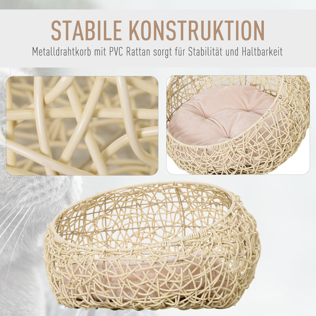 PawHut Rattan Katzenhöhle Katzenbett Katzenhaus mit Kissen Katzenzelt Haustierhaus für Katzen Hunde – Produktabbildung 5