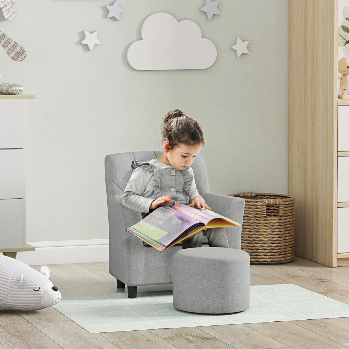 Kindersessel mit Hocker, Rückenlehne Diamantmuster, weiche Sitzfläche, Holzrahmen, Grau – Produktabbildung 2