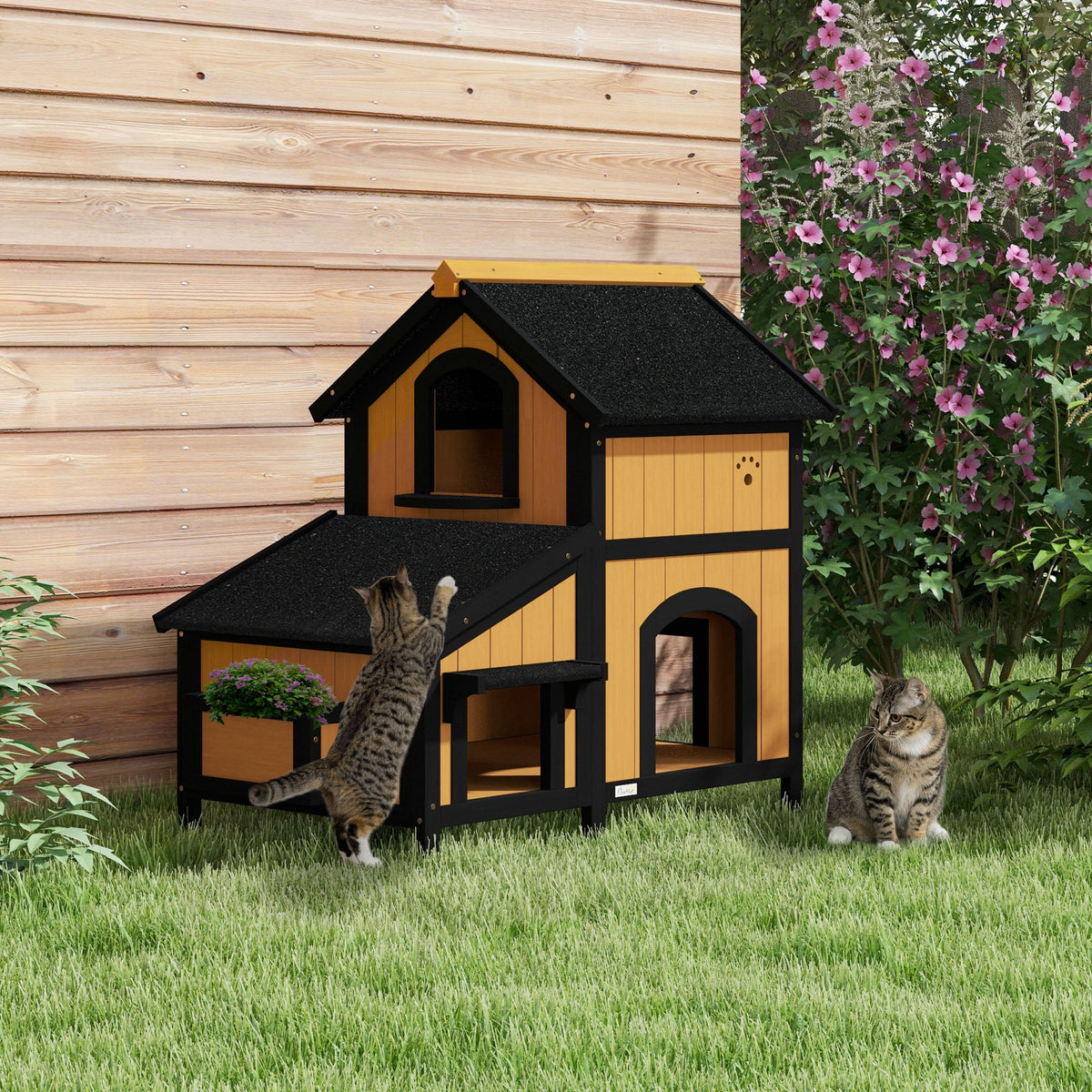 PawHut Katzenhaus Katzenhütte Katzenhöhle, inkl. Blumenkasten, 96 cm x 65 cm x 85,5 cm, Gelb + Weiß + – Produktabbildung 2