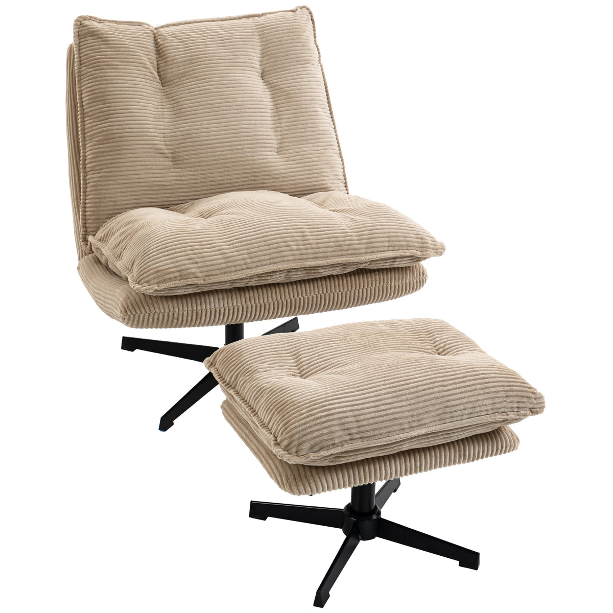 HOMCOM Loungesessel mit Hocker, 360° drehbar, Cordbezug, höhenverstellbare Fußstütze, Beige