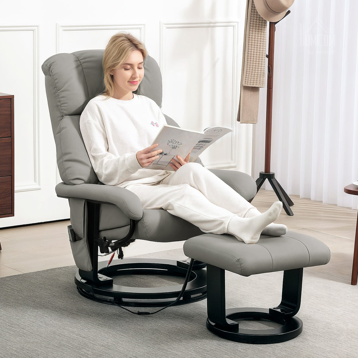 HOMCOM Relaxsessel Massagefunktion Fernsehsessel mit Seitentasche, Kunstleder, Grau – Produktabbildung 2
