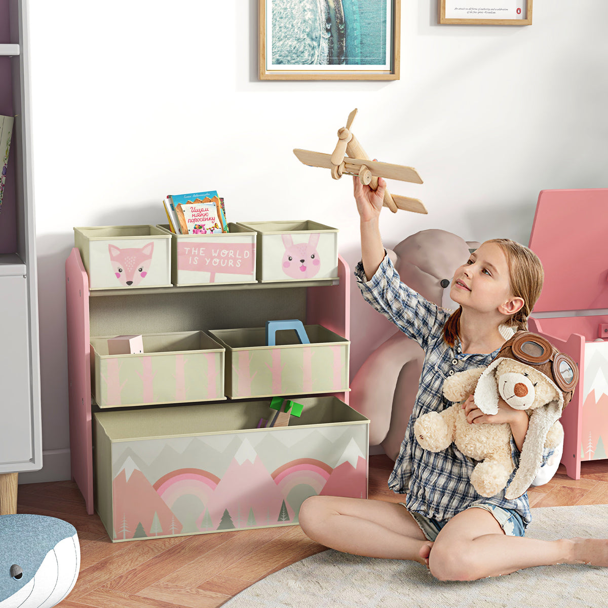 Kinderschrank mit 6 Stoffboxen, niedliches Motiv, 63x30x66 cm, Rosa – Produktabbildung 2