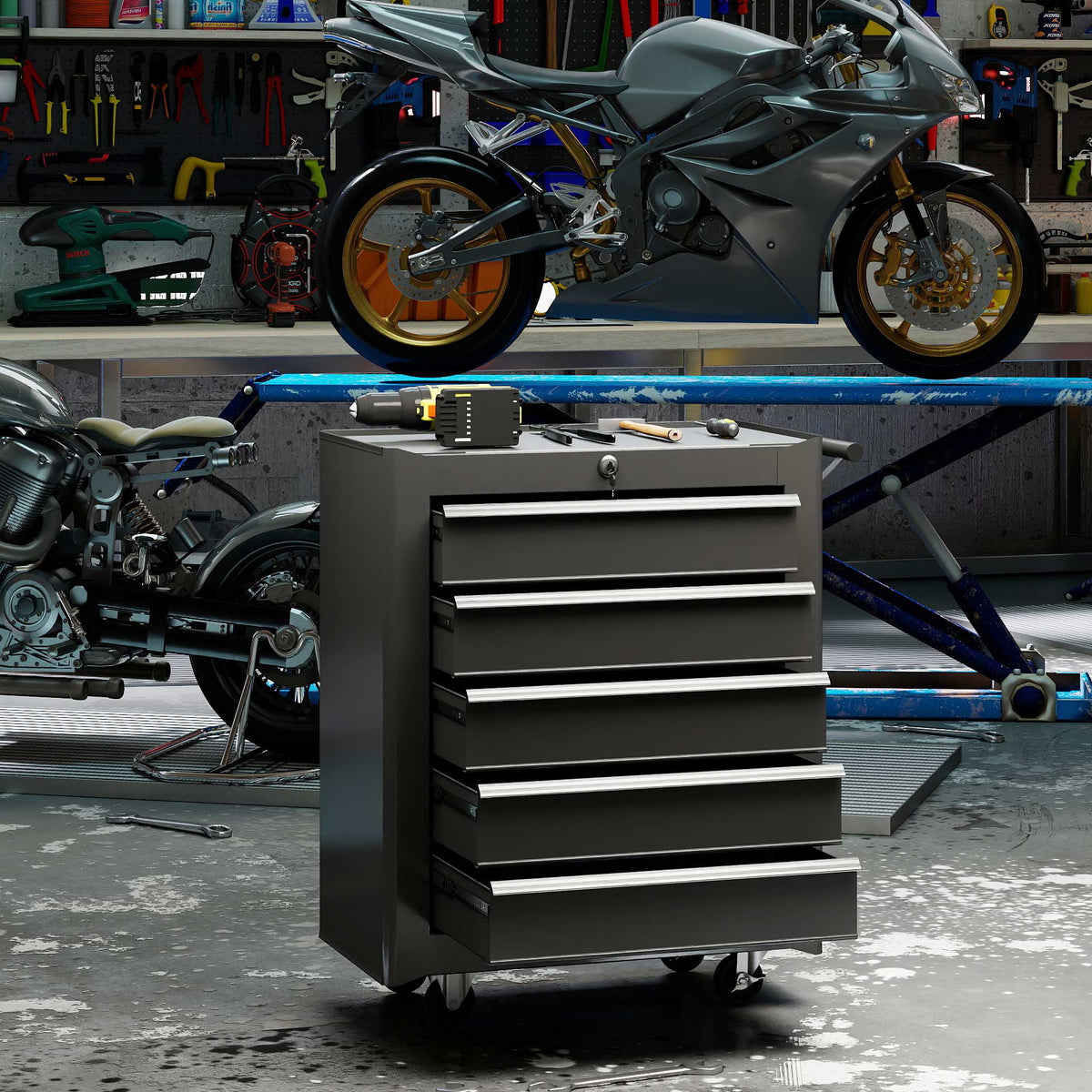 HOMCOM Werkzeugkiste, Werkzeugschrank, rollbar, 5 Schubladen, Stahl, Schwarz – Produktabbildung 2