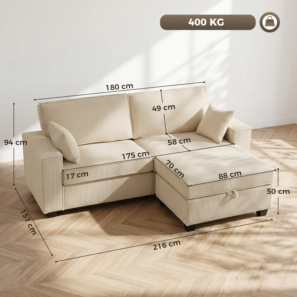 HOMCOM Ecksofa 216 cm 3-Sitzer L-Form Sofa mit Umkehrbarem Aufbwahrungshocker, Cord-Optik, Breiter – Produktabbildung 13