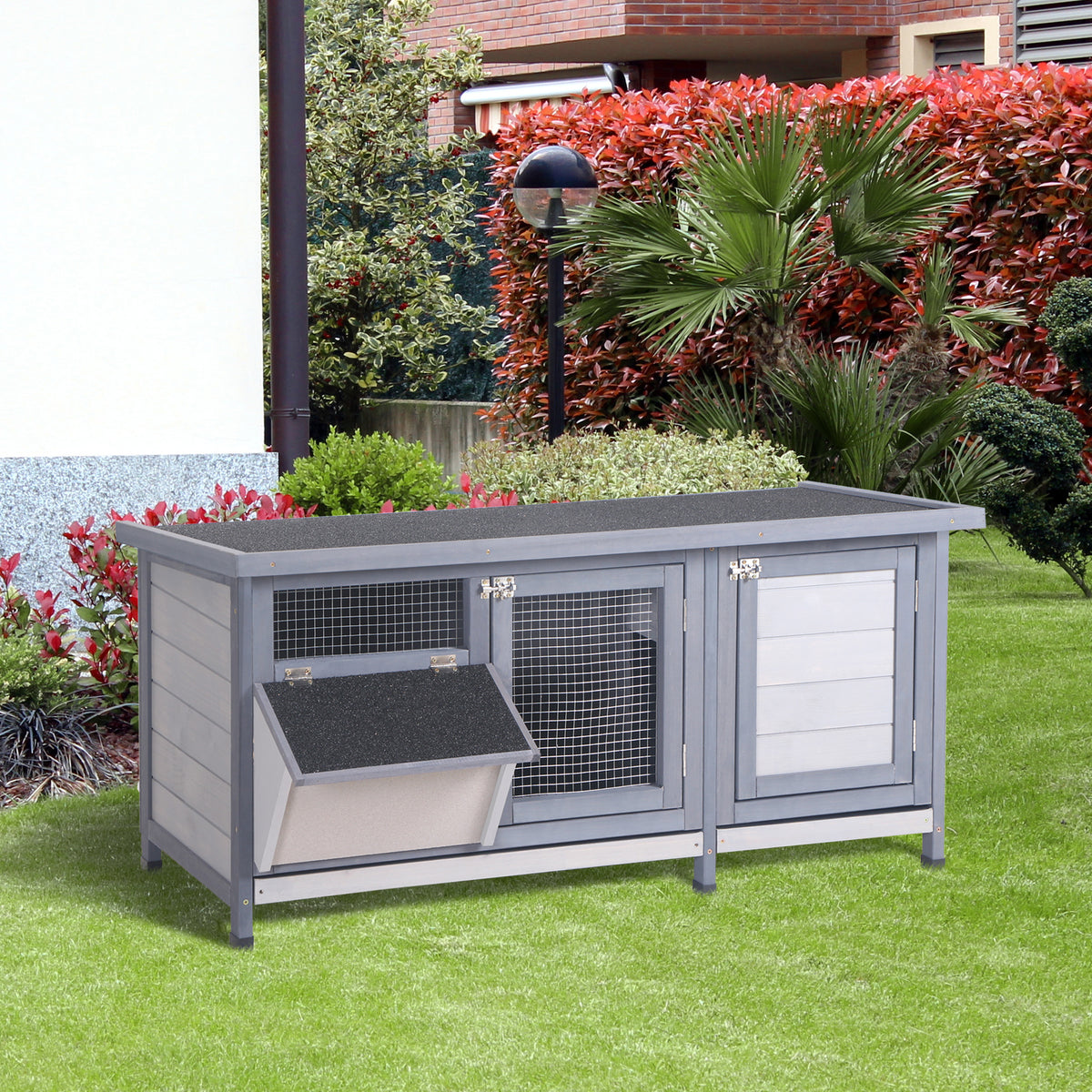 PawHut Hasenstall Winterfest Kaninchenstall aus Holz 112x50x54 cm Kaninchenkäfig mit Bitumendach, 2 – Produktabbildung 2
