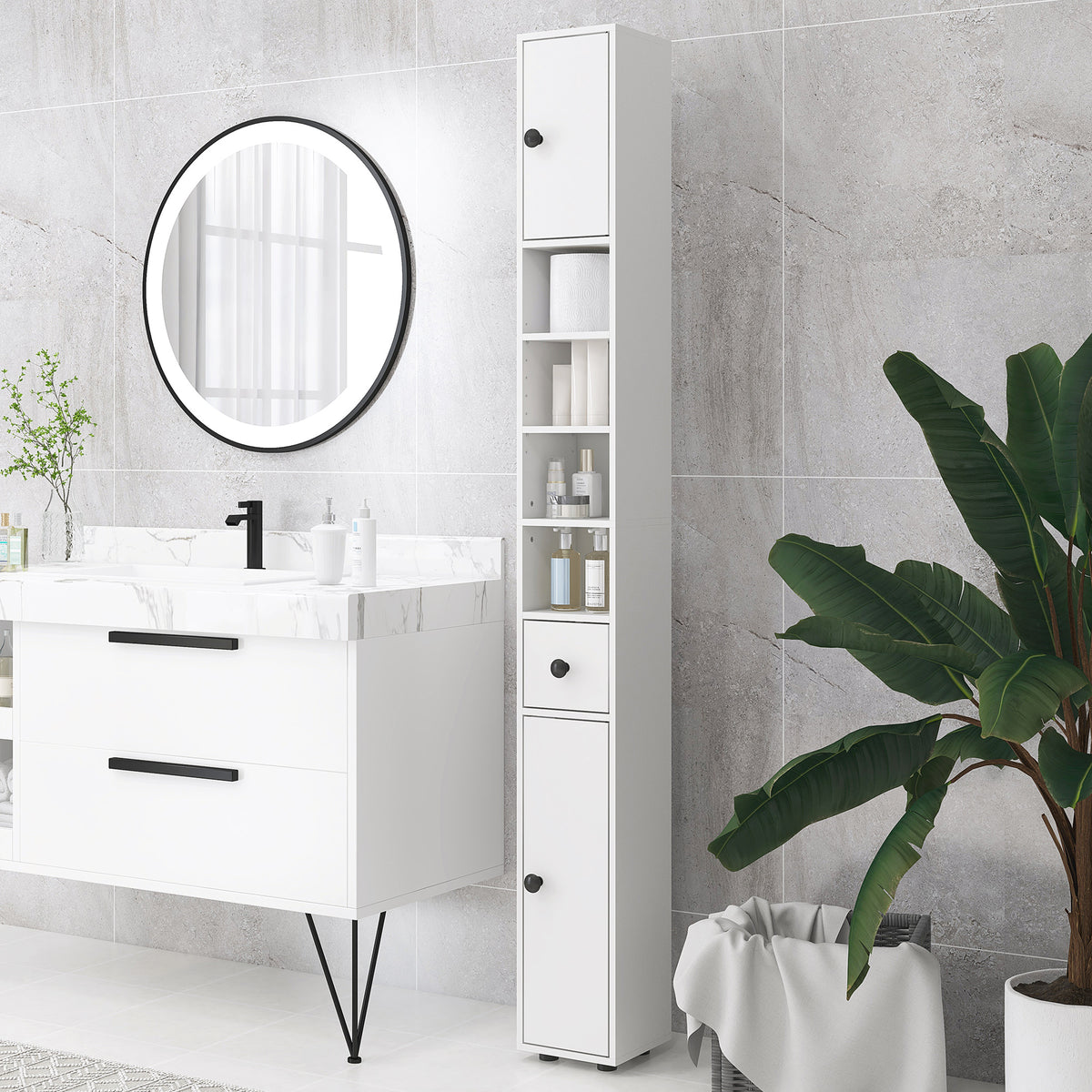 KleanKin Badezimmerschrank, 4 Regale, Schublade, Spanplatte, schlankes Design, Weiß – Produktabbildung 2