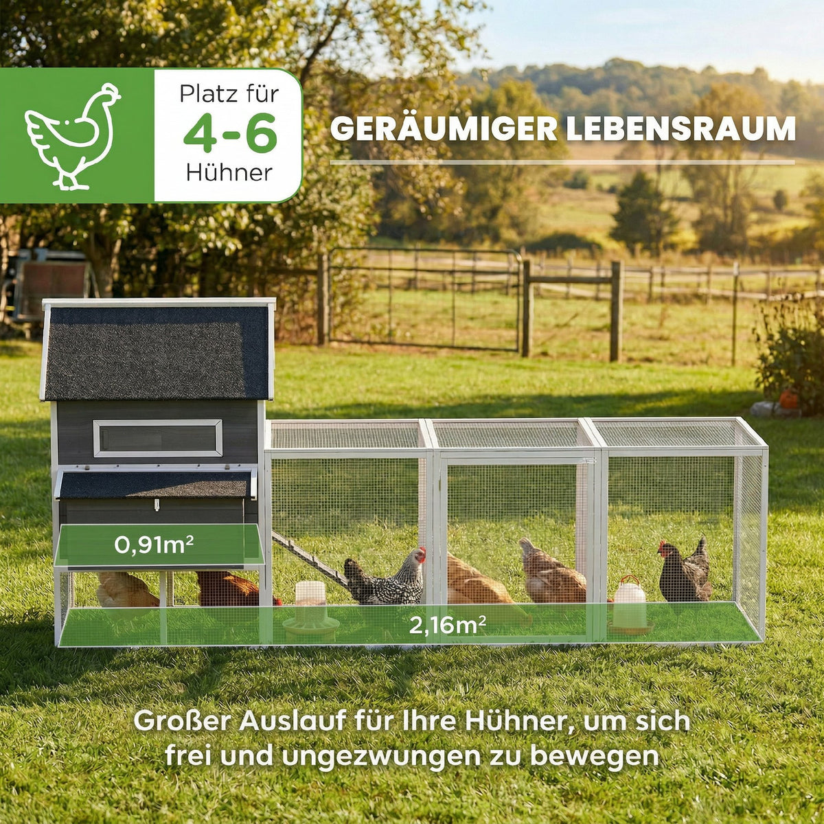 PawHut Hühnerstall aus Holz mit Auslauf Nistkasten Asphaltdach herausziehbar Tablett für 4-6 Hühner – Produktabbildung 4