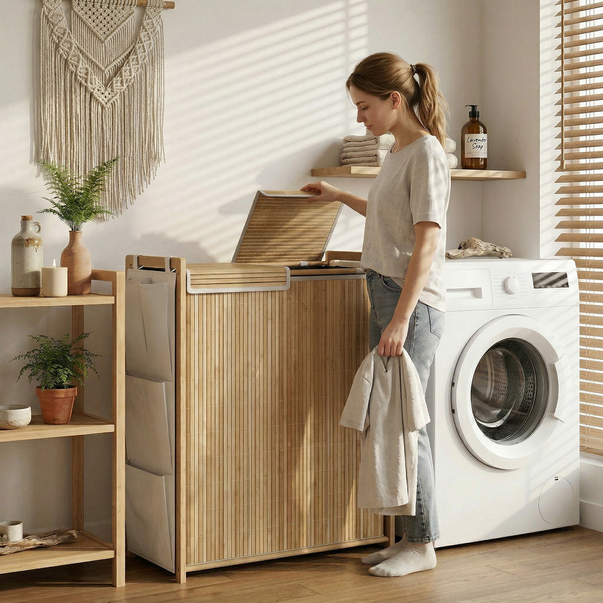 HOMCOM Bambus-Wäschekorb mit abnehmbarem Kordelzug-Sack und seitlichen Aufbewahrungstaschen, 120L, Natur – Produktabbildung 2