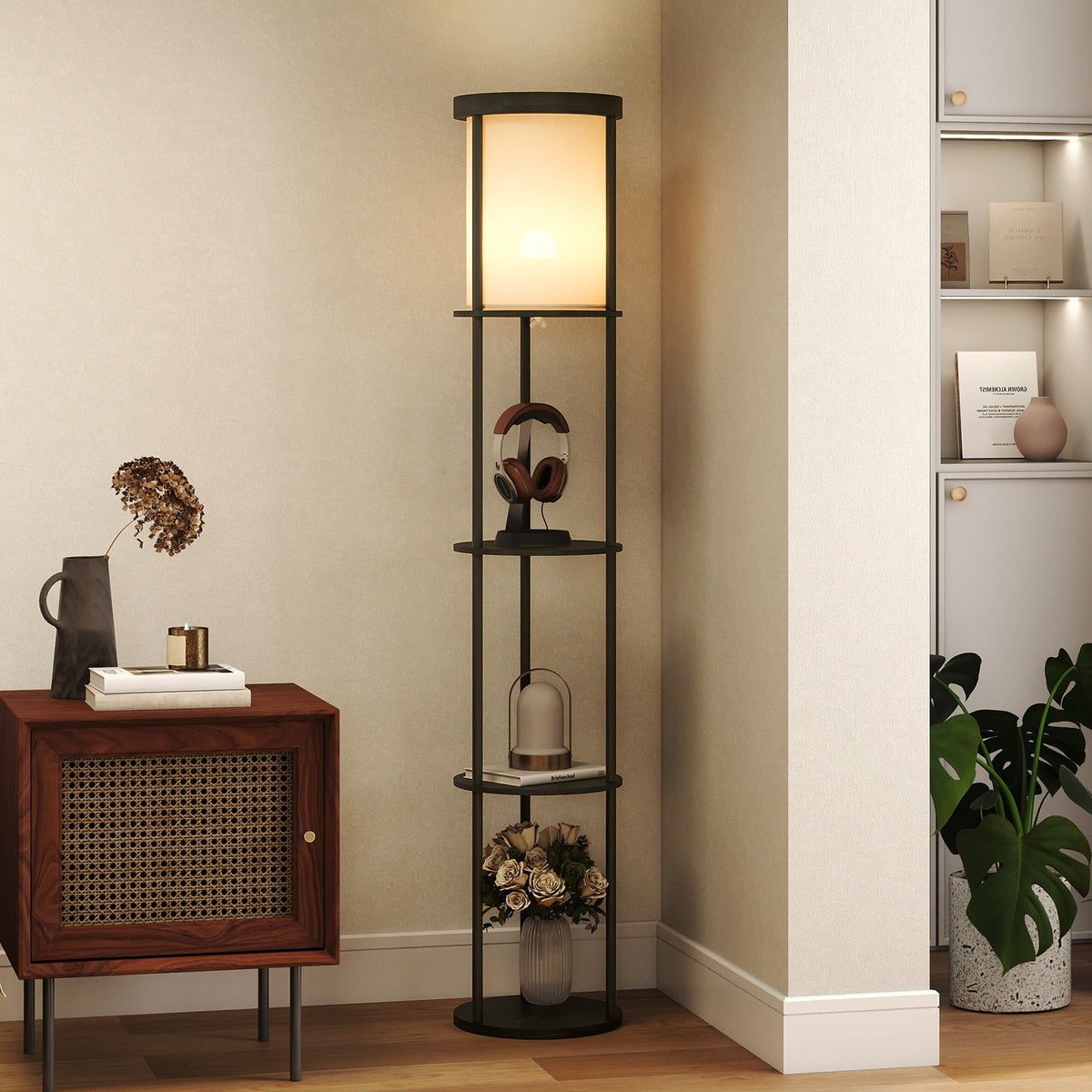 HOMCOM Stehlampe mit 3 Regalen, rundes Design, Fernbedienung, Fußschalter, verstellbare Lichtwärme, für – Produktabbildung 2