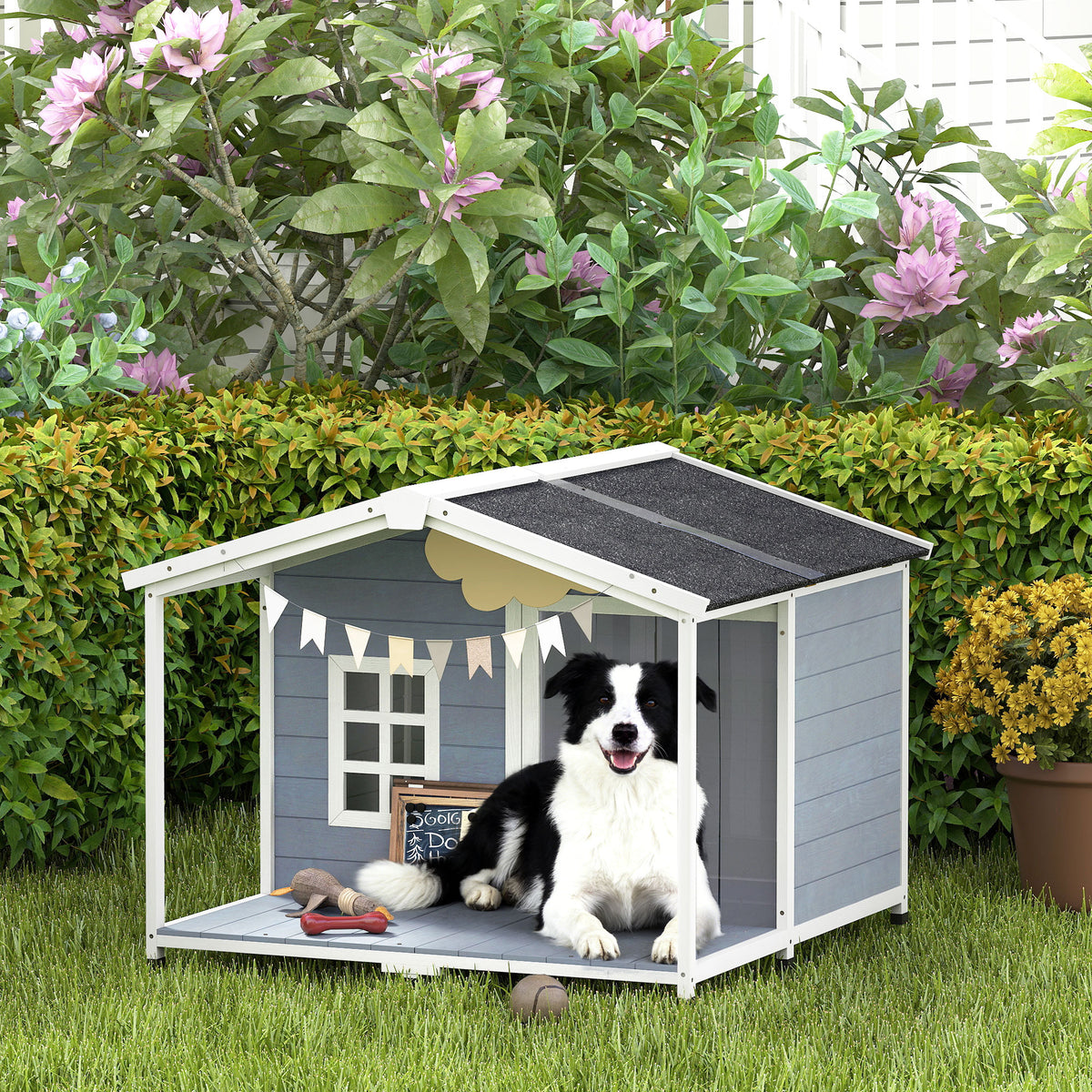 PawHut Hundehütte wetterfestes Erhöhtes Hundehaus aus Holz mit Asphaltdach, Terrasse, für mittelgroße – Produktabbildung 2