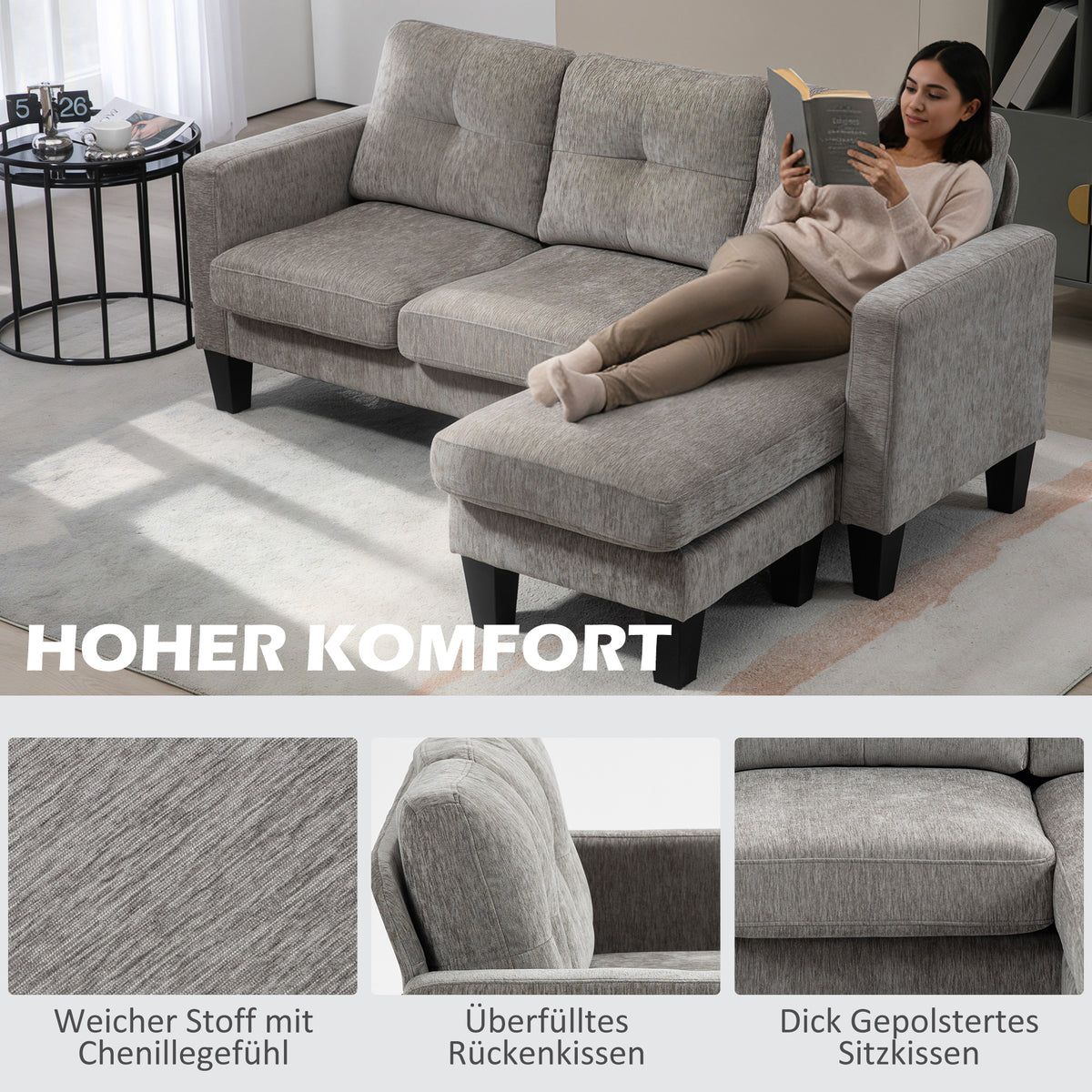 HOMCOM Ecksofa, Eck-Couch mit umkehrbarer Chaiselongue, Sofa in L-Form, Bezug in Leinenoptik, 186 x 130 – Produktabbildung 4