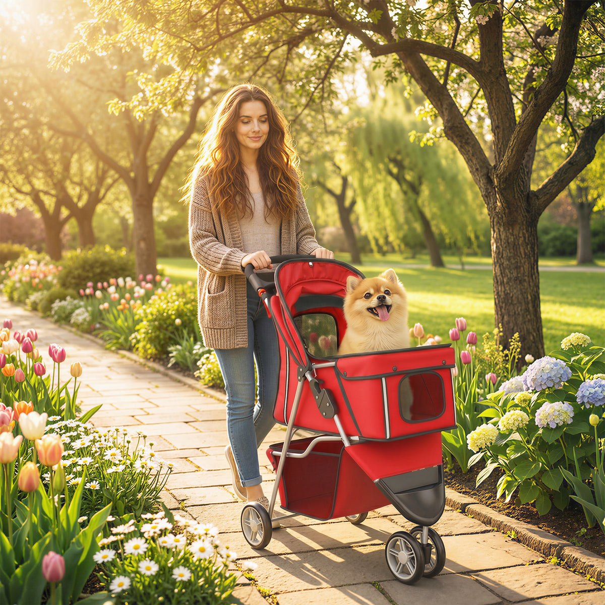 PawHut Hundewagen Faltbar Hundebuggy mit Aufbewahrungskorb Kissen Netzfenster Getränkehalter für kleine – Produktabbildung 2