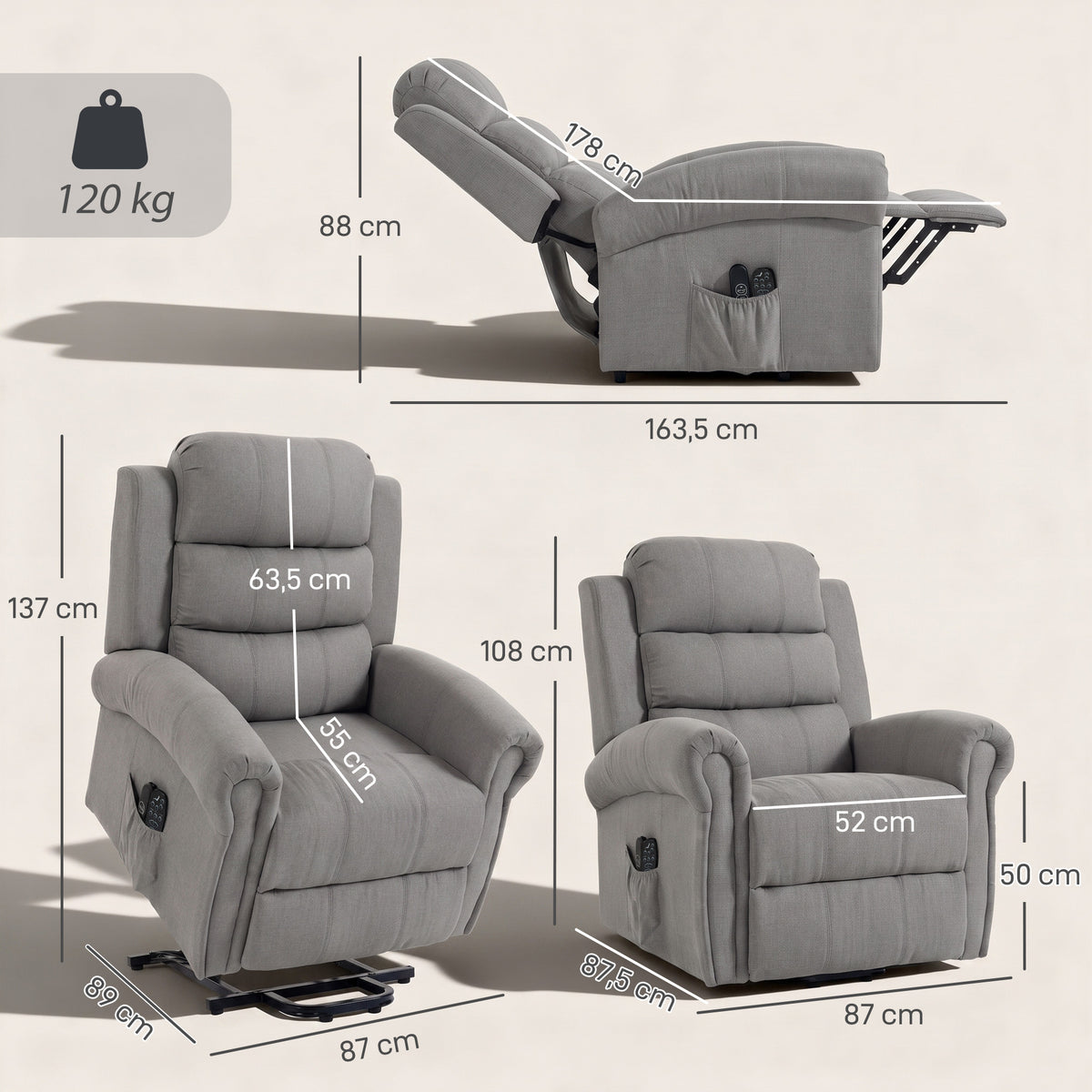 HOMCOM Massagesessel mit Aufstehhilfe, Relaxsessel, Vibrationsköpfe, mit Neigefunktion, Leinenoptik – Produktabbildung 3