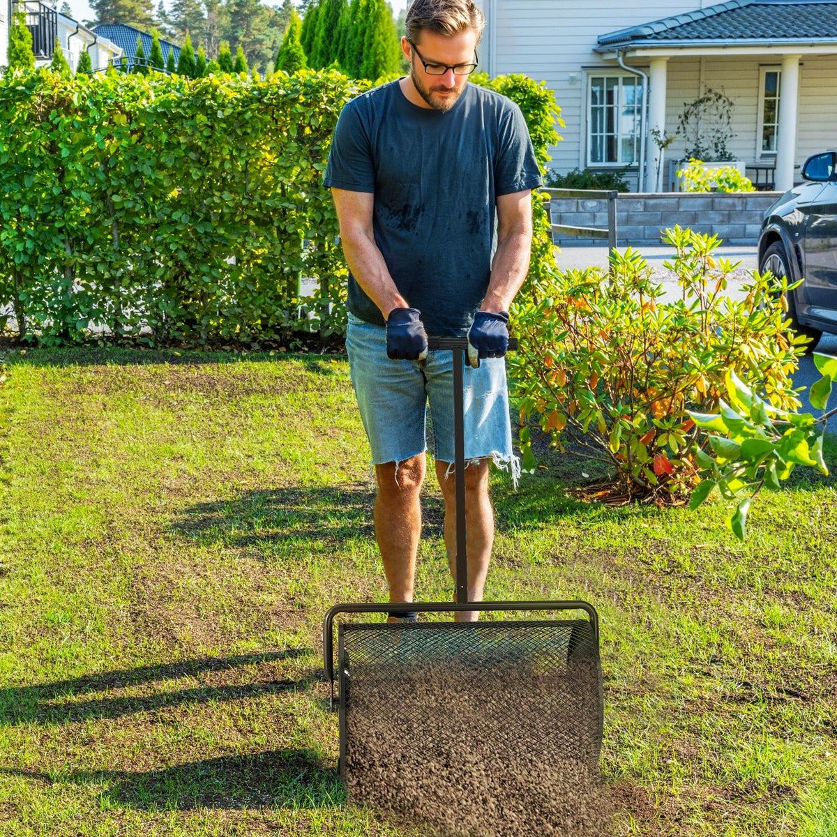 Outsunny Kompoststreuer 75L 61x40cm Düngerstreuer Rasen Garten mit T-Griff Mesh-Korb Metall Schwarz – Produktabbildung 2