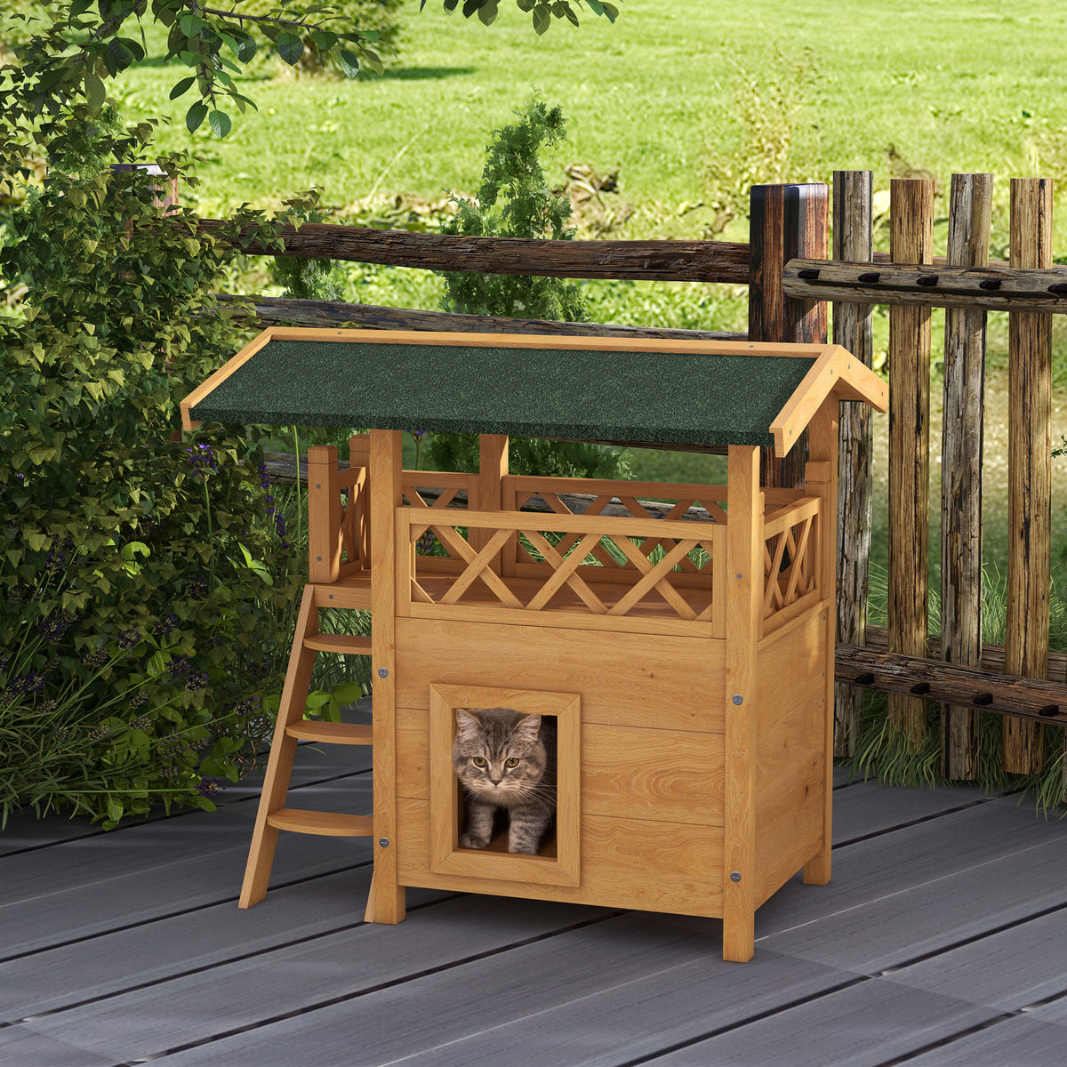 PawHut Katzenhaus Katzenhütte Haustierhütte, Asphaltdach, 2 Ebenen, 1 Leiter, Natur + Grün – Produktabbildung 2