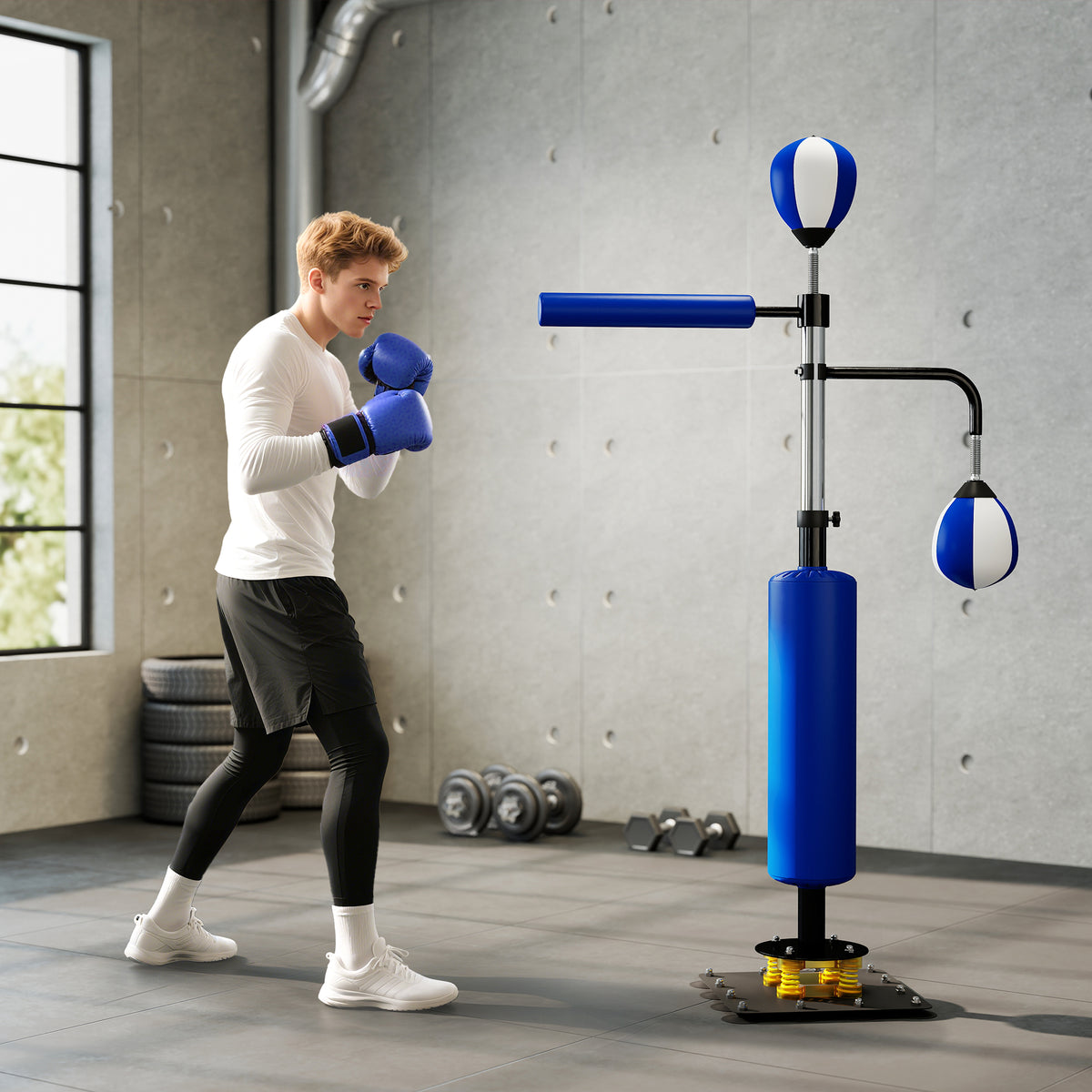 Boxstand, zwei Speedballs, drehbare Boxstange, Kickpolster, höhenverstellbar, Stahl, 107 x 36 x 140-205 – Produktabbildung 2