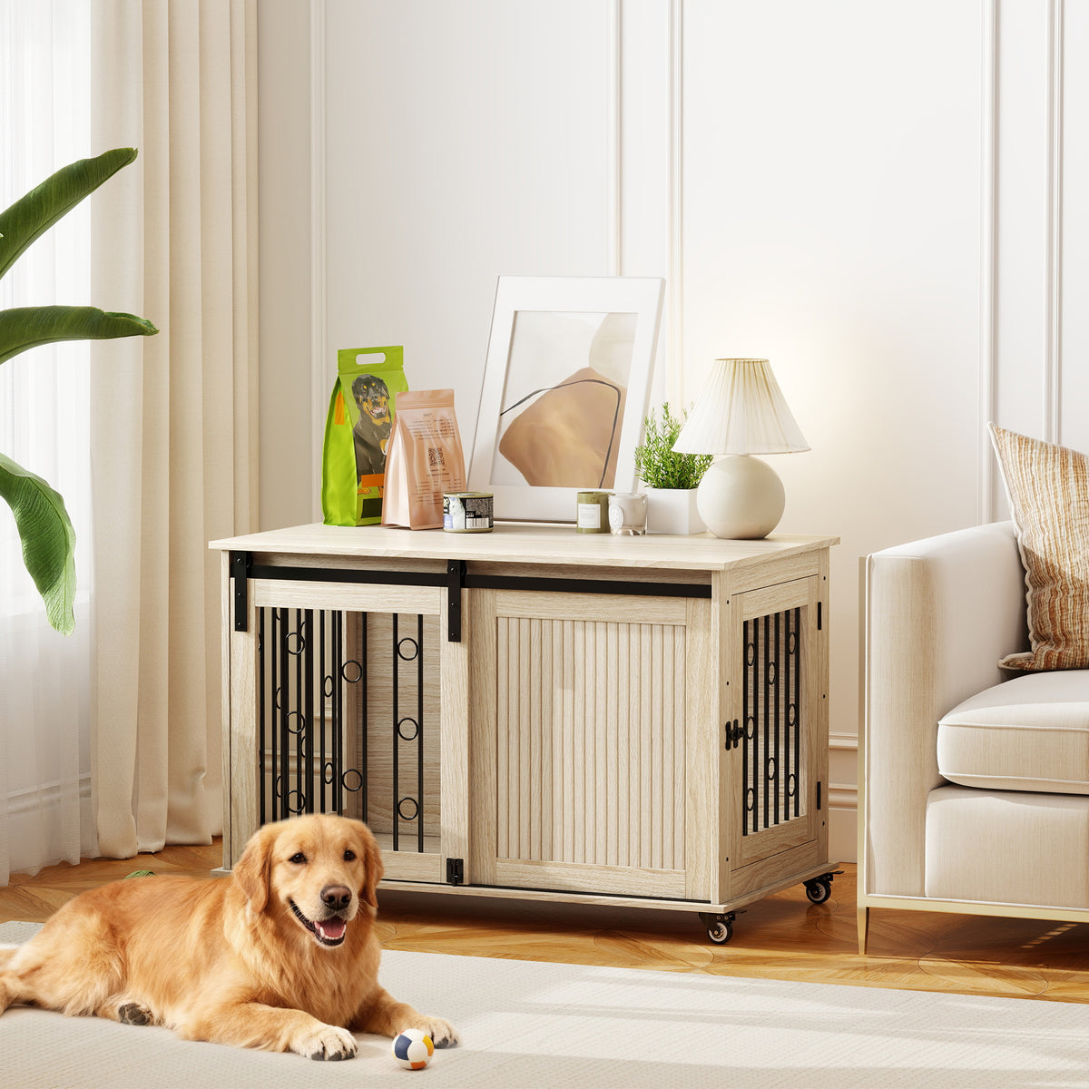 PawHut Hundebox auf Rädern, Schiebetür, 100 x 56 x 65 cm, Holz, Stahl – Produktabbildung 2