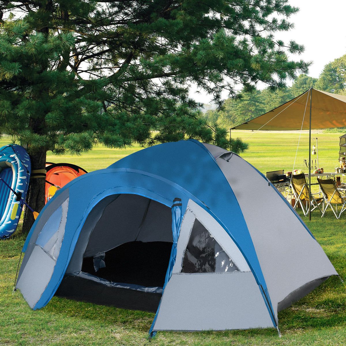 Campingzelt für 4 Personen ganzjährig nutzbar 3,00 x 2,50 x 1,30m Blau+Grau – Produktabbildung 2
