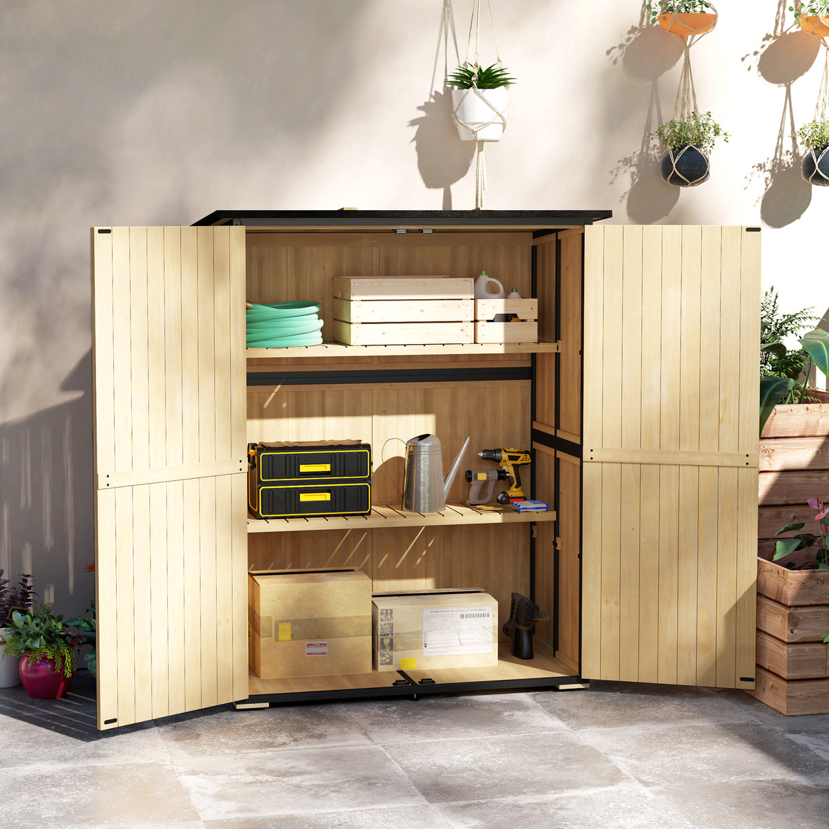 Outsunny Gartenschrank aus Holz und Stahl, Outdoor-Werkzeugschrank mit Asphalt-Dach, 2 Regale – Produktabbildung 2