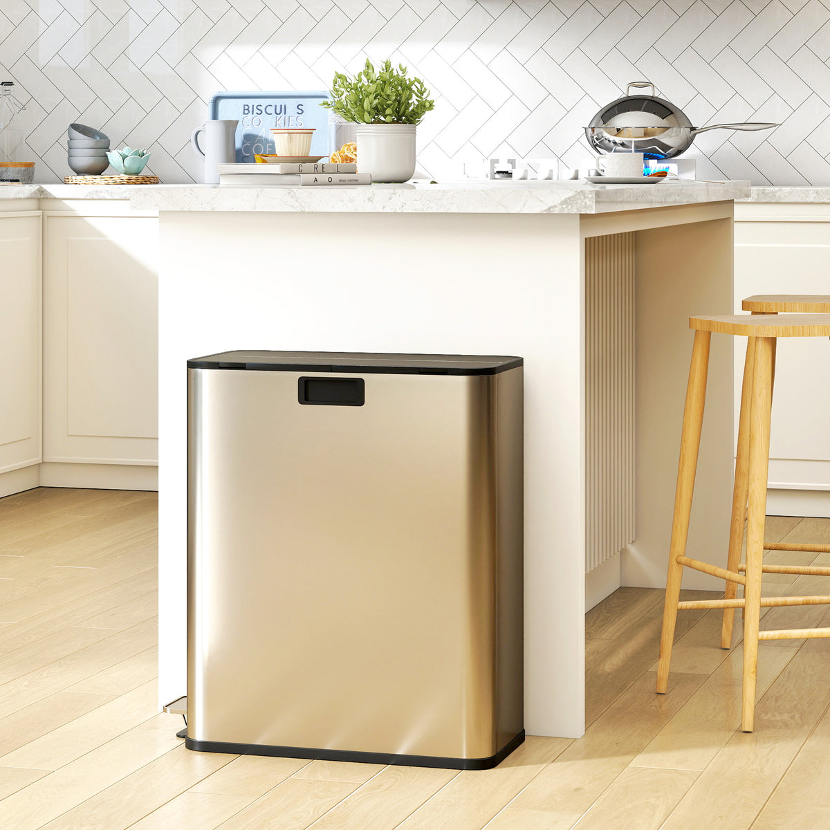 HOMCOM Küchenmülleimer 2 x 28L Edelstahl-Tretmülleimer mit Soft-Close-Deckel, herausnehmbaren – Produktabbildung 2
