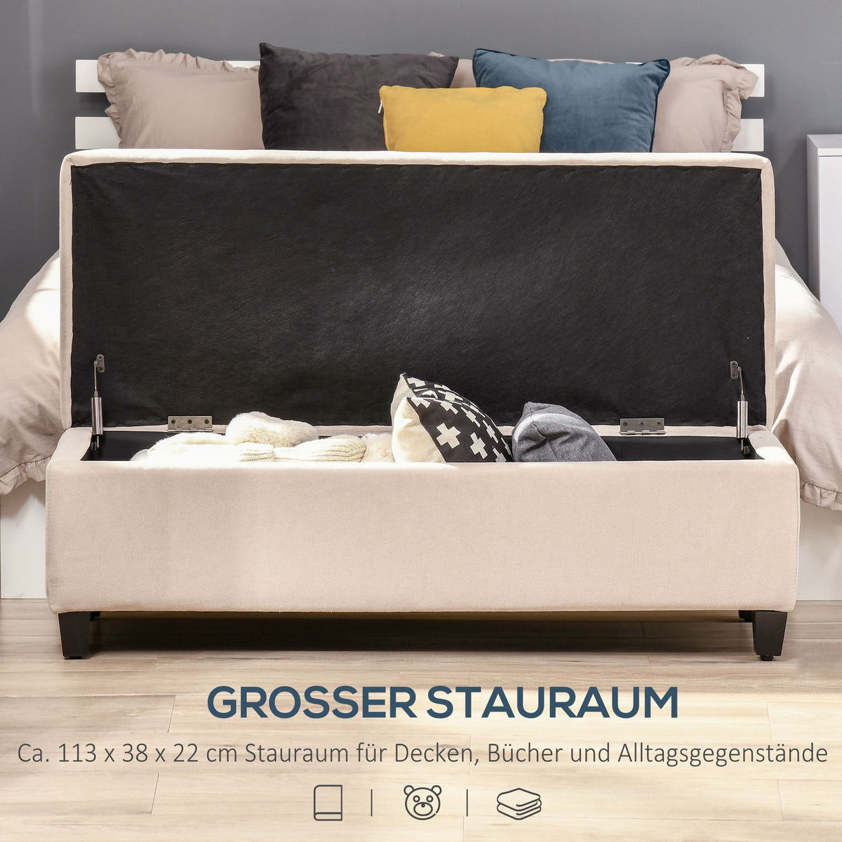 HOMCOM Polsterbank mit Stauraum, Knopfheftung, bis 120 kg, 125 x 49 x 41,5 cm, Beige – Produktabbildung 4