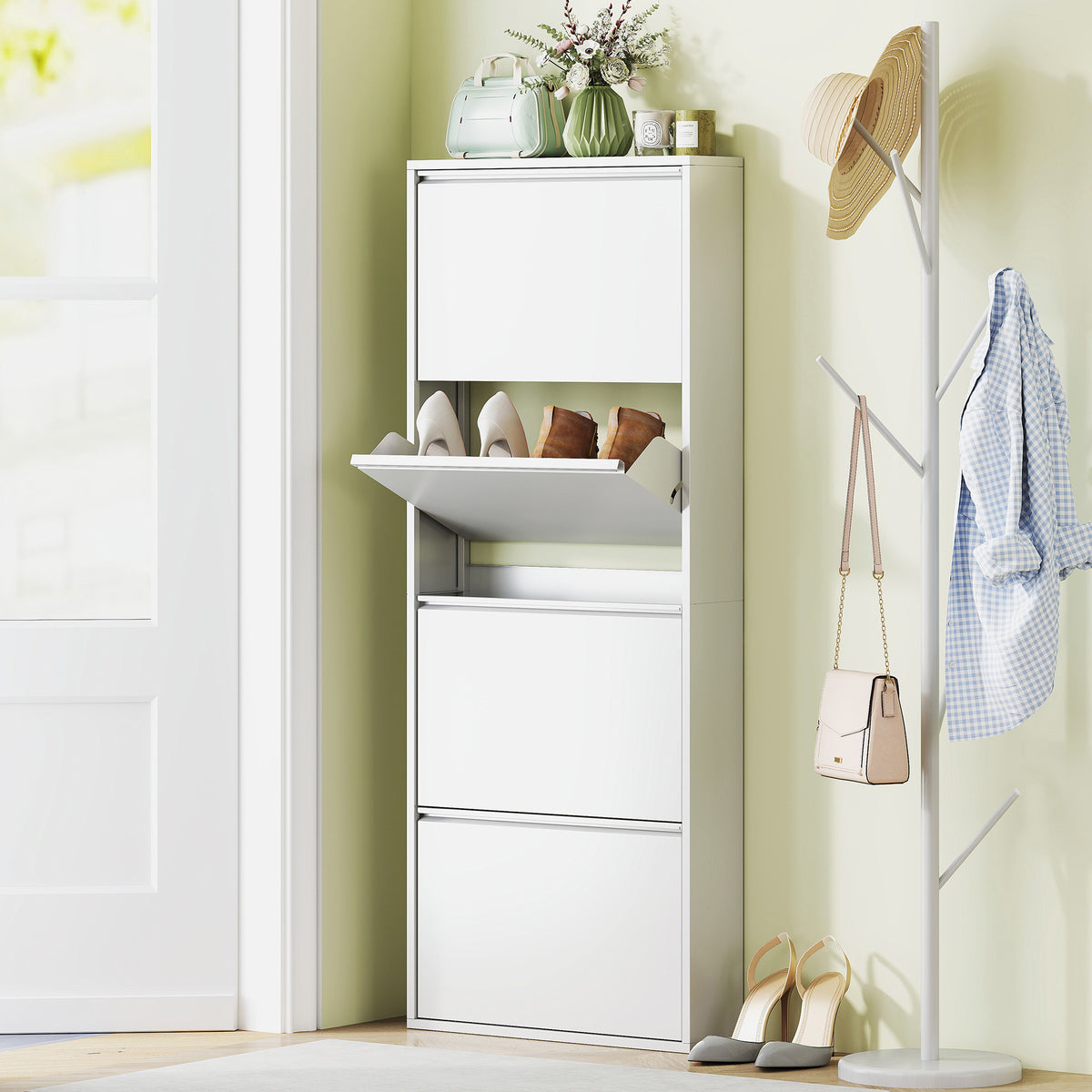 HOMCOM Schmaler Schuhschrank aus Metall für bis zu 8 Paar Schuhe, 4 Kippschubladen, für Flur – Produktabbildung 2