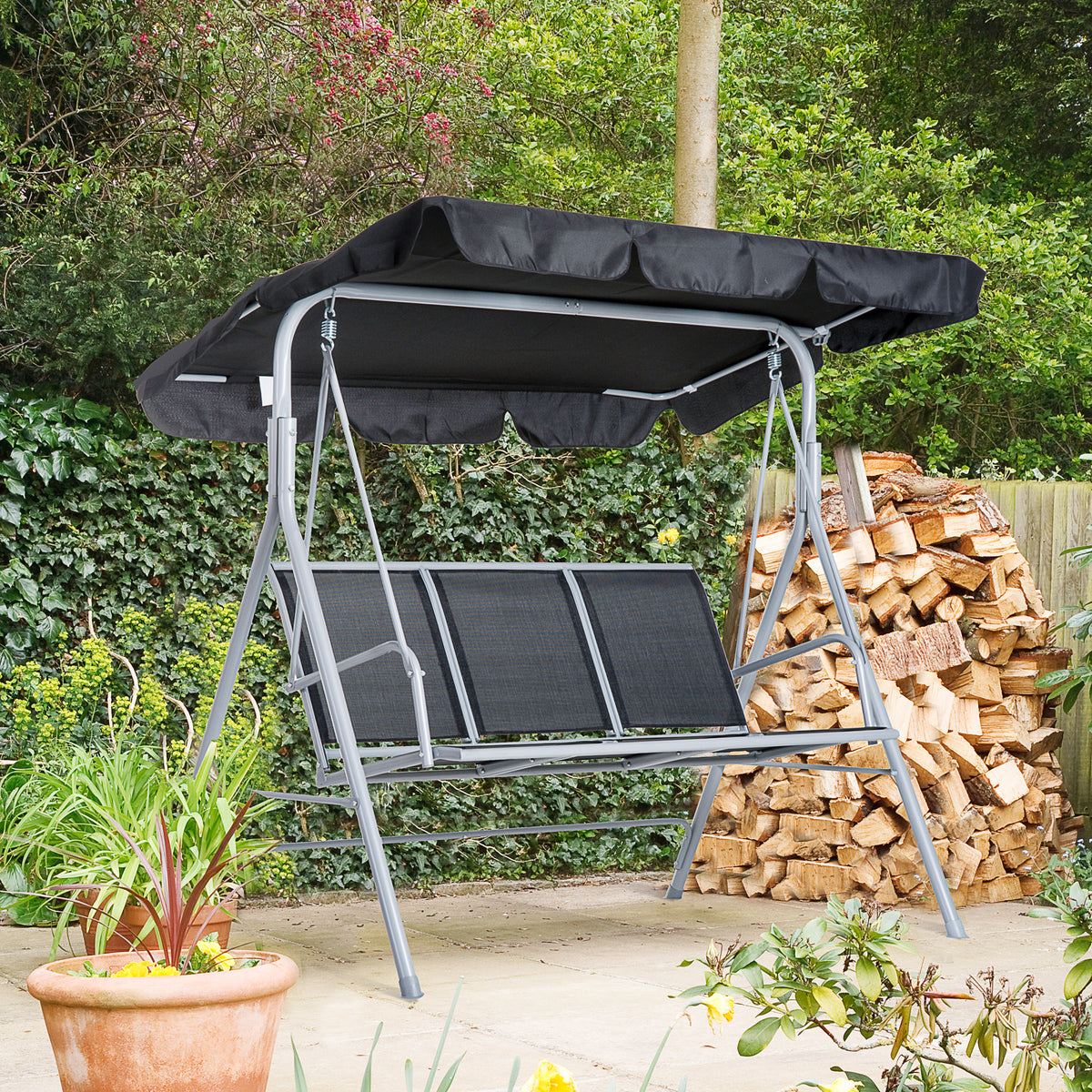 Outsunny Hollywoodschaukel mit Sonnendach Gartenschaukel Anti-Rutsch-Füßen 171x108x150cm Schwarz – Produktabbildung 2