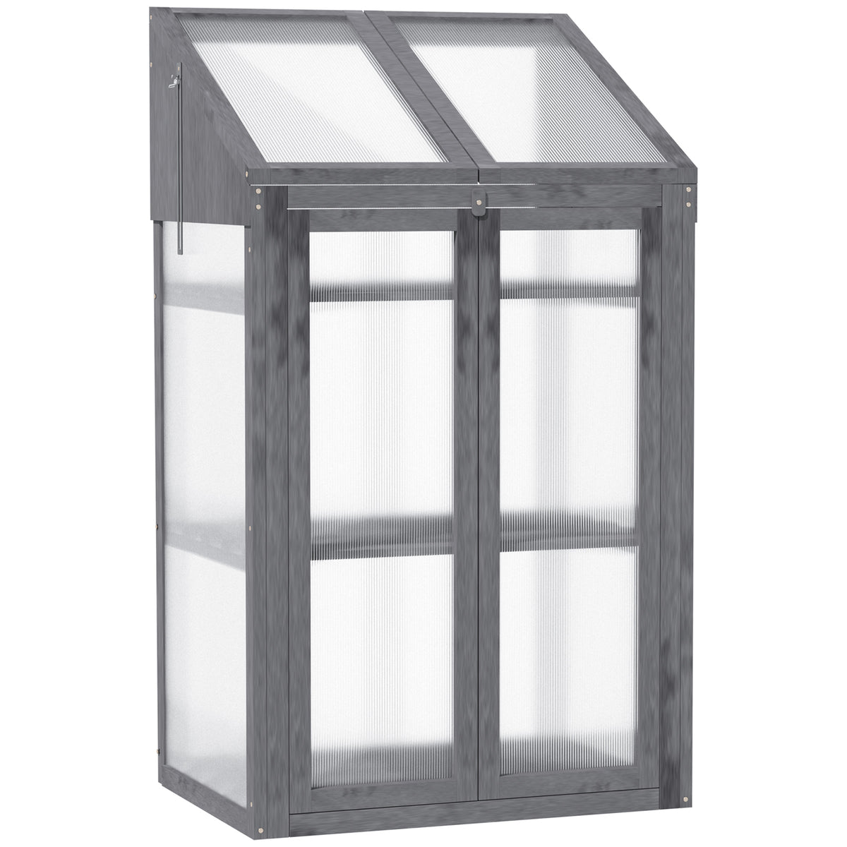 Outsunny Mini-Gewächshaus, kleines Treibhaus mit Holzrahmen, Fenster und Doppeltür, 3 Regale, 70L x 50B x